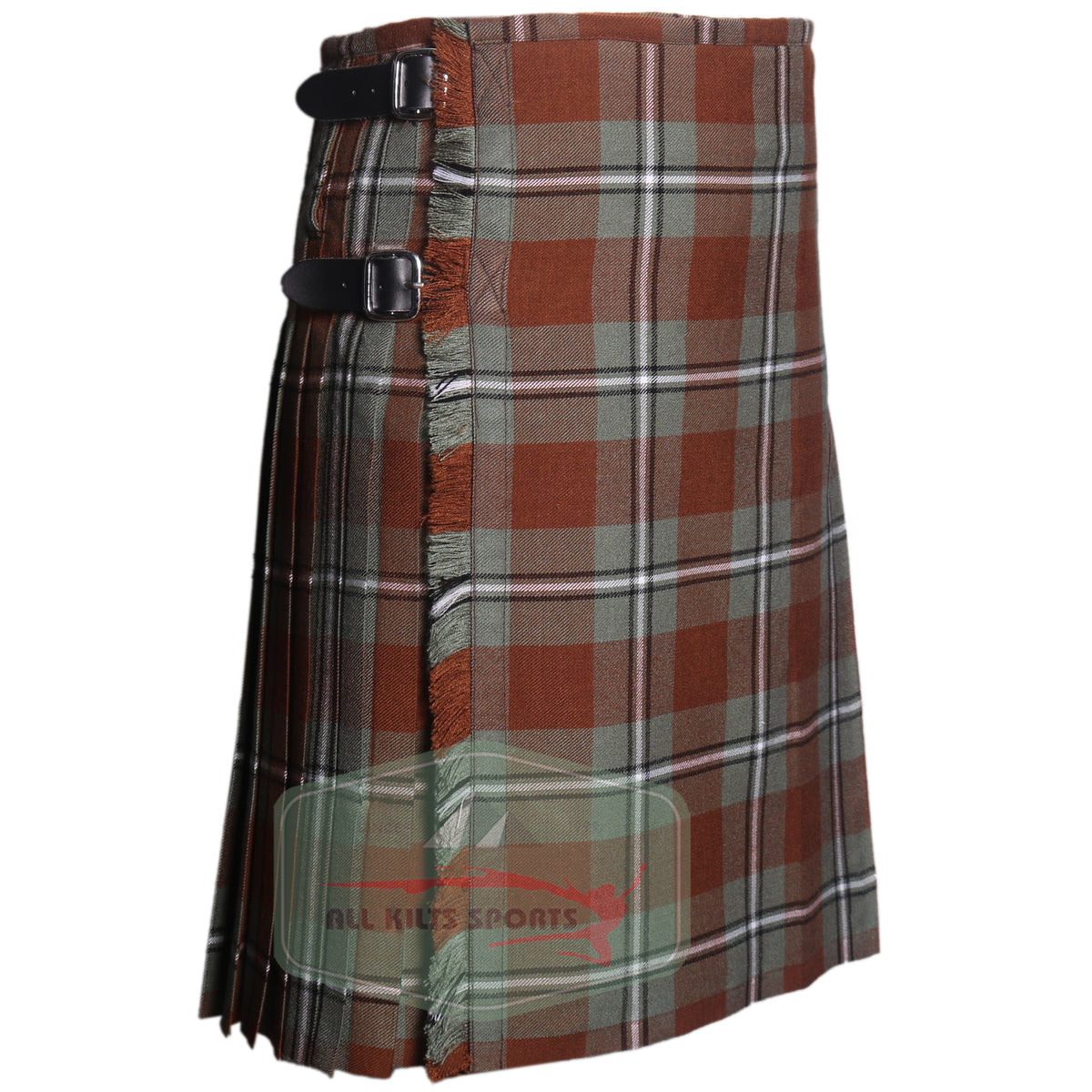 Irvine Weathered Tartan kilt with knife pleats, adjustable leather straps, and traditional Scottish styling in 8 and 5 yard options.