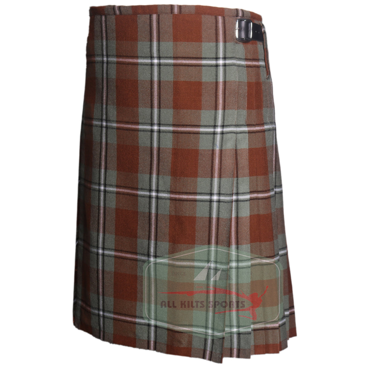 Irvine Weathered Tartan kilt with knife pleats, adjustable leather straps, and traditional Scottish styling in 8 and 5 yard options.
