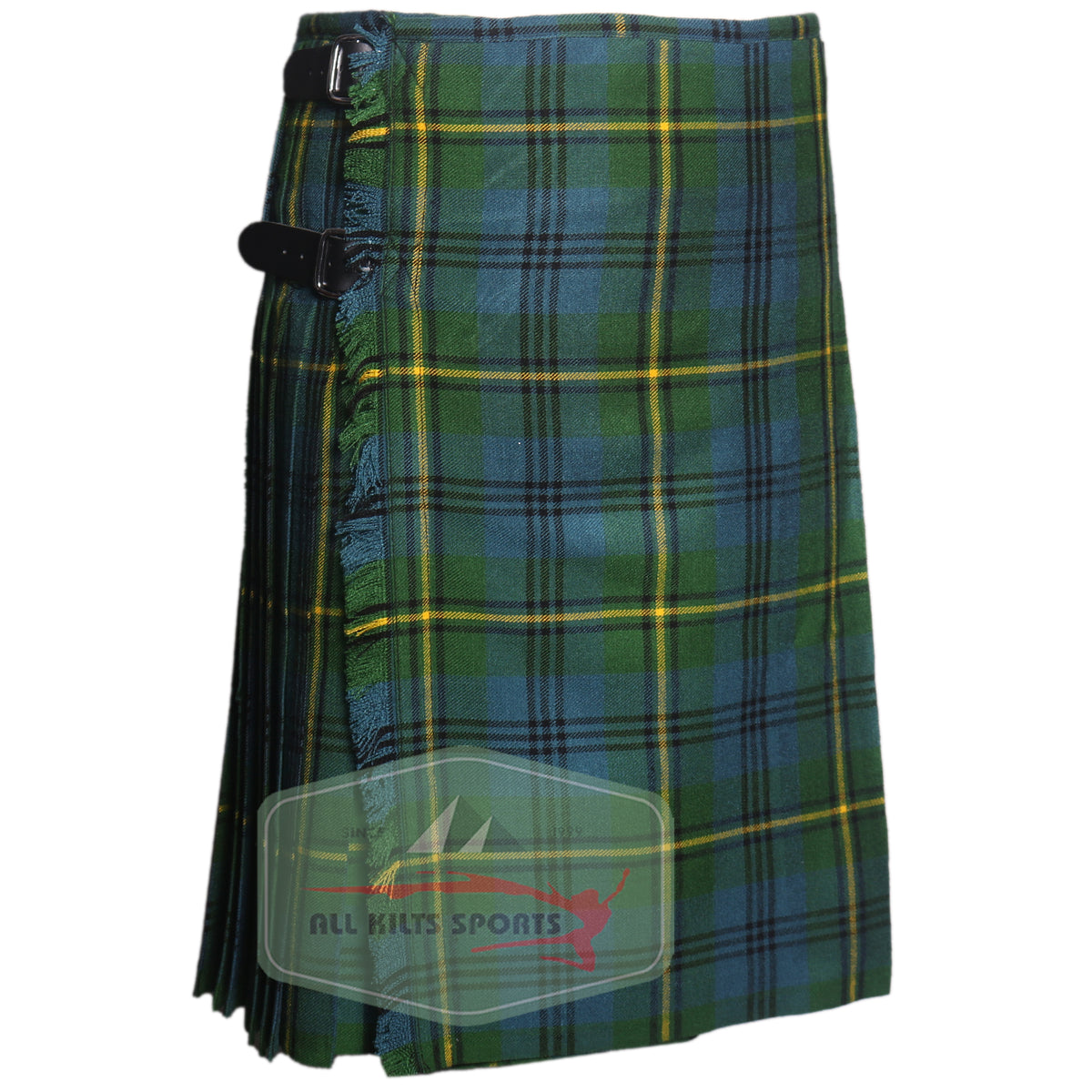 Johnstone Ancient Tartan kilt with knife pleats, adjustable leather straps, and traditional Scottish style in 8 and 5 yard versions
