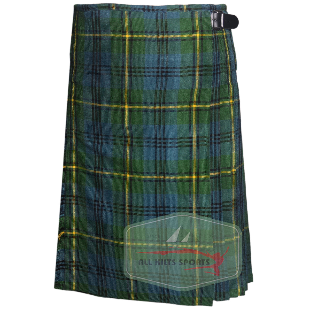 Johnstone Ancient Tartan kilt with knife pleats, adjustable leather straps, and traditional Scottish style in 8 and 5 yard versions