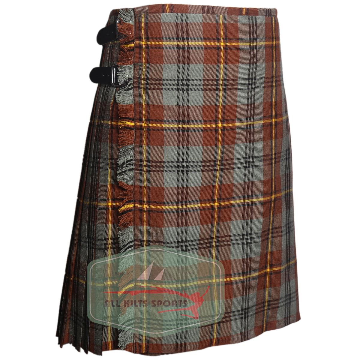 Johnstone Weathered Tartan kilt , knife pleats, and leather straps in premium 8 and 5 yard traditional.
