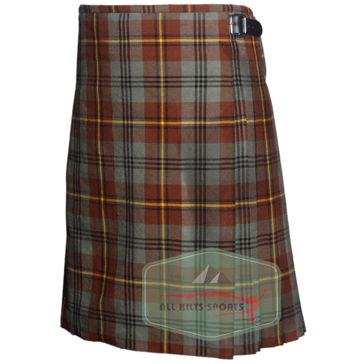 Johnstone Weathered Tartan kilt , knife pleats, and leather straps in premium 8 and 5 yard traditional.
