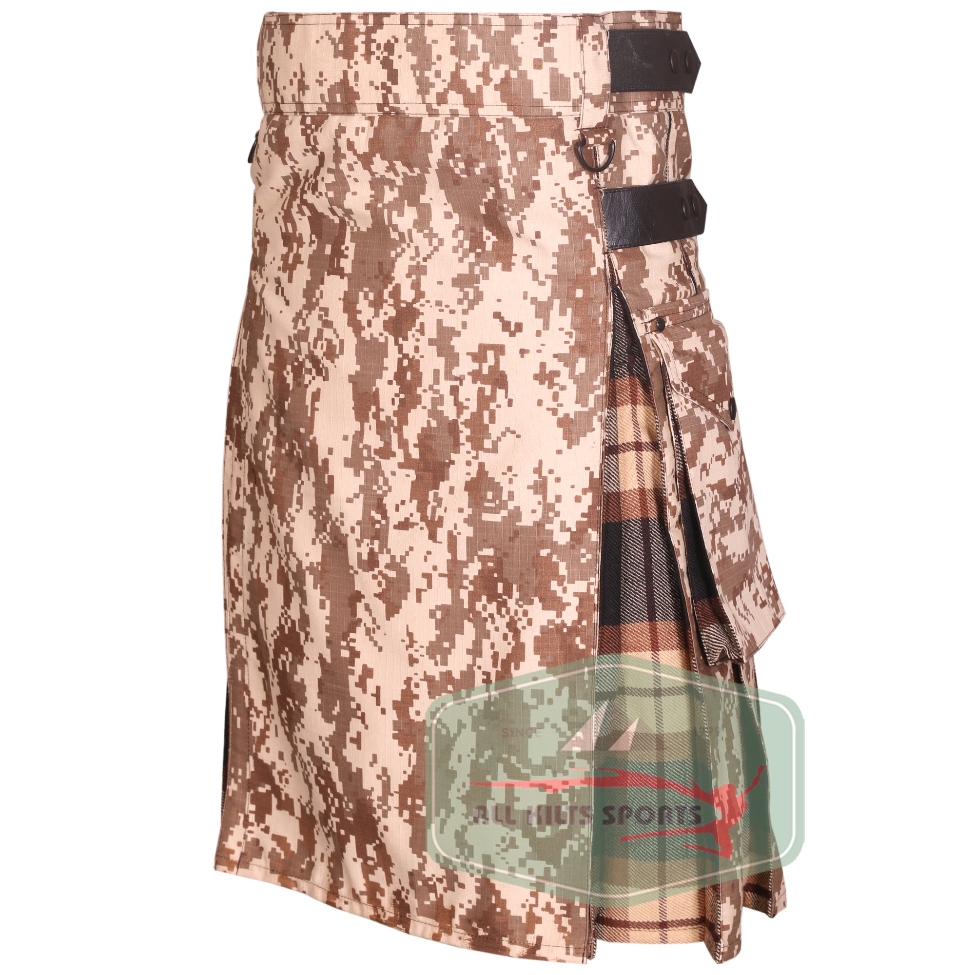 Hybrid Khaki Digital Camo Kilt with Tartan Pleats and Leather Straps – Various Tartan Colors Available