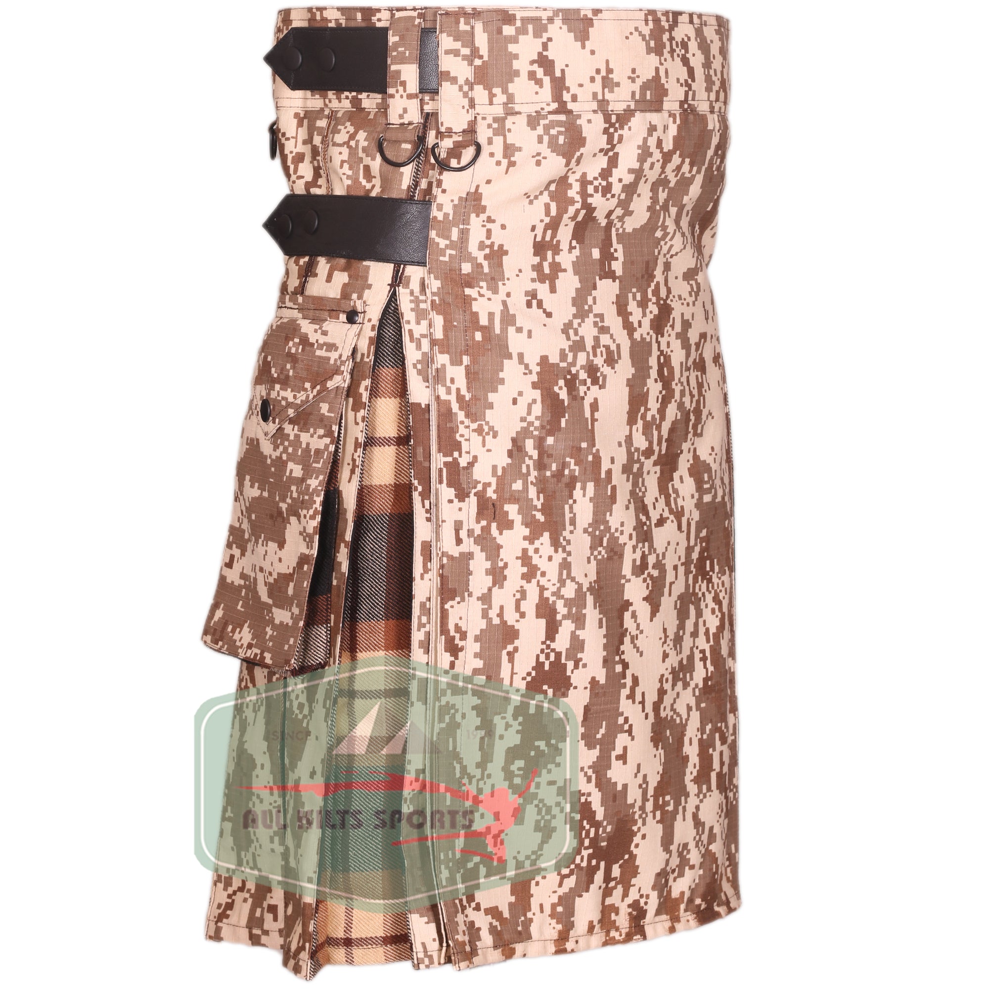 Hybrid Khaki Digital Camo Kilt with Tartan Pleats and Leather Straps – Various Tartan Colors Available