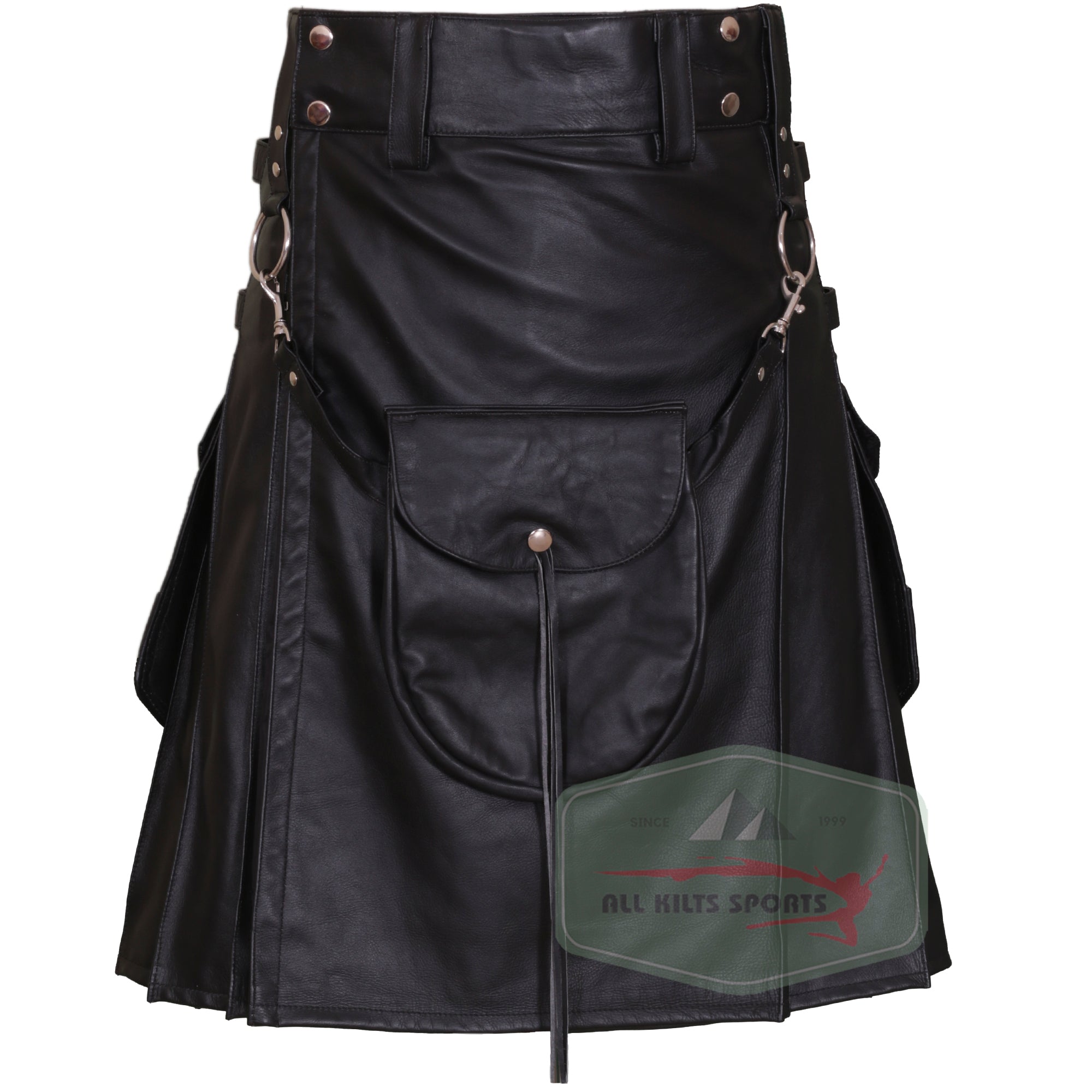 Stylish Black Leather Kilt – Utility Design with Detachable Pocket