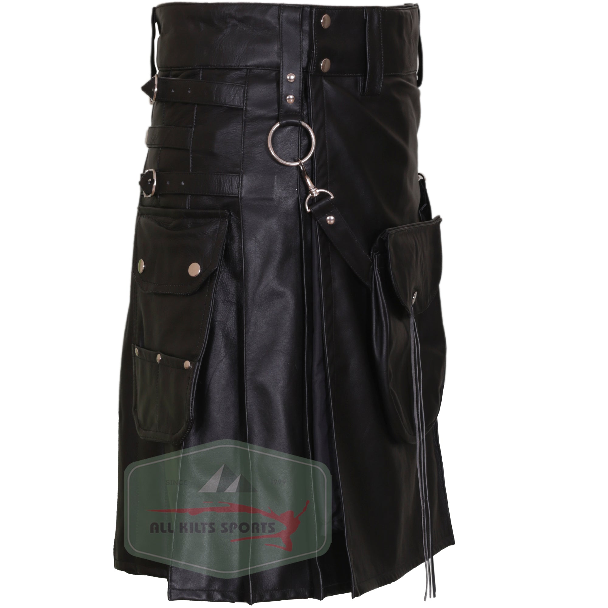 Stylish Black Leather Kilt – Utility Design with Detachable Pocket