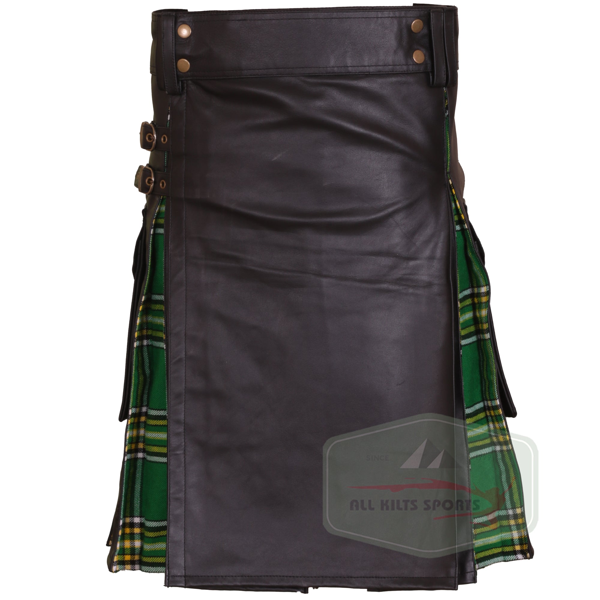 Irish Heritage Hybrid Leather Kilt with Tartan Pleats - Stylish Wedding Attire for Men