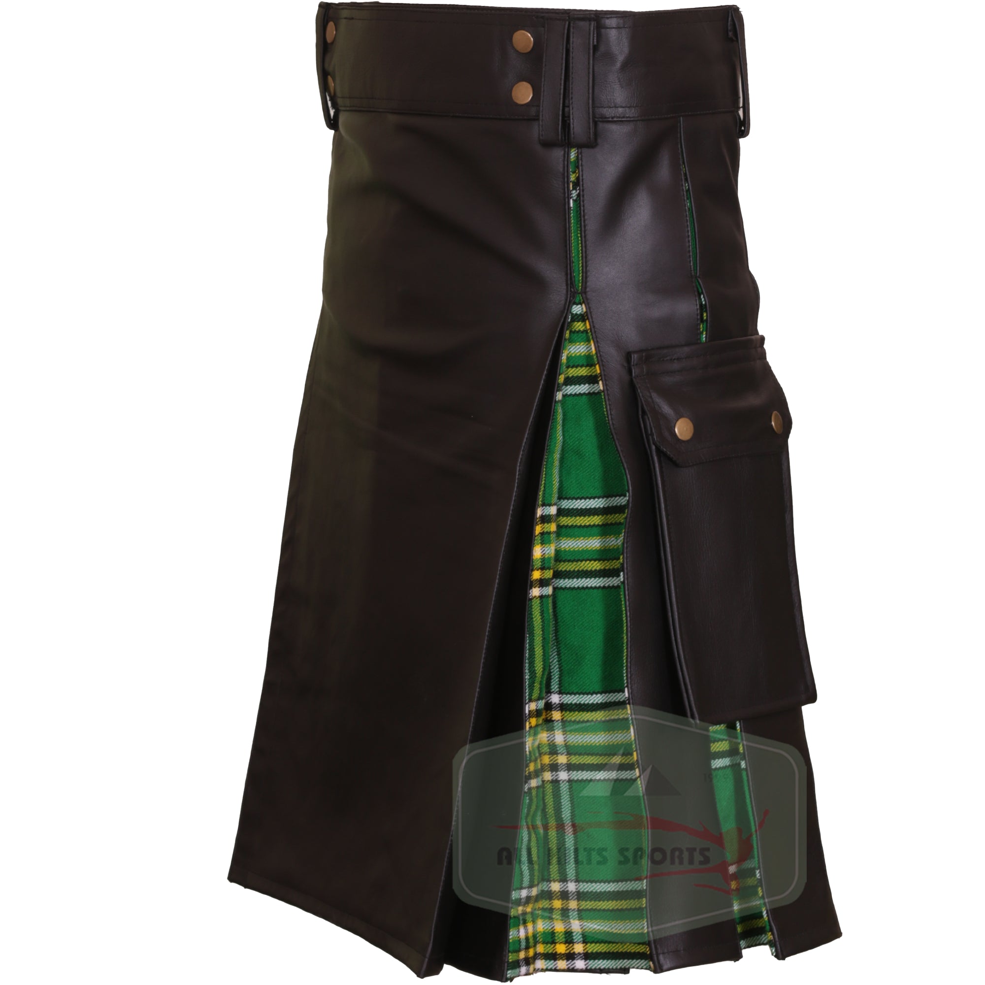 Irish Heritage Hybrid Leather Kilt with Tartan Pleats - Stylish Wedding Attire for Men