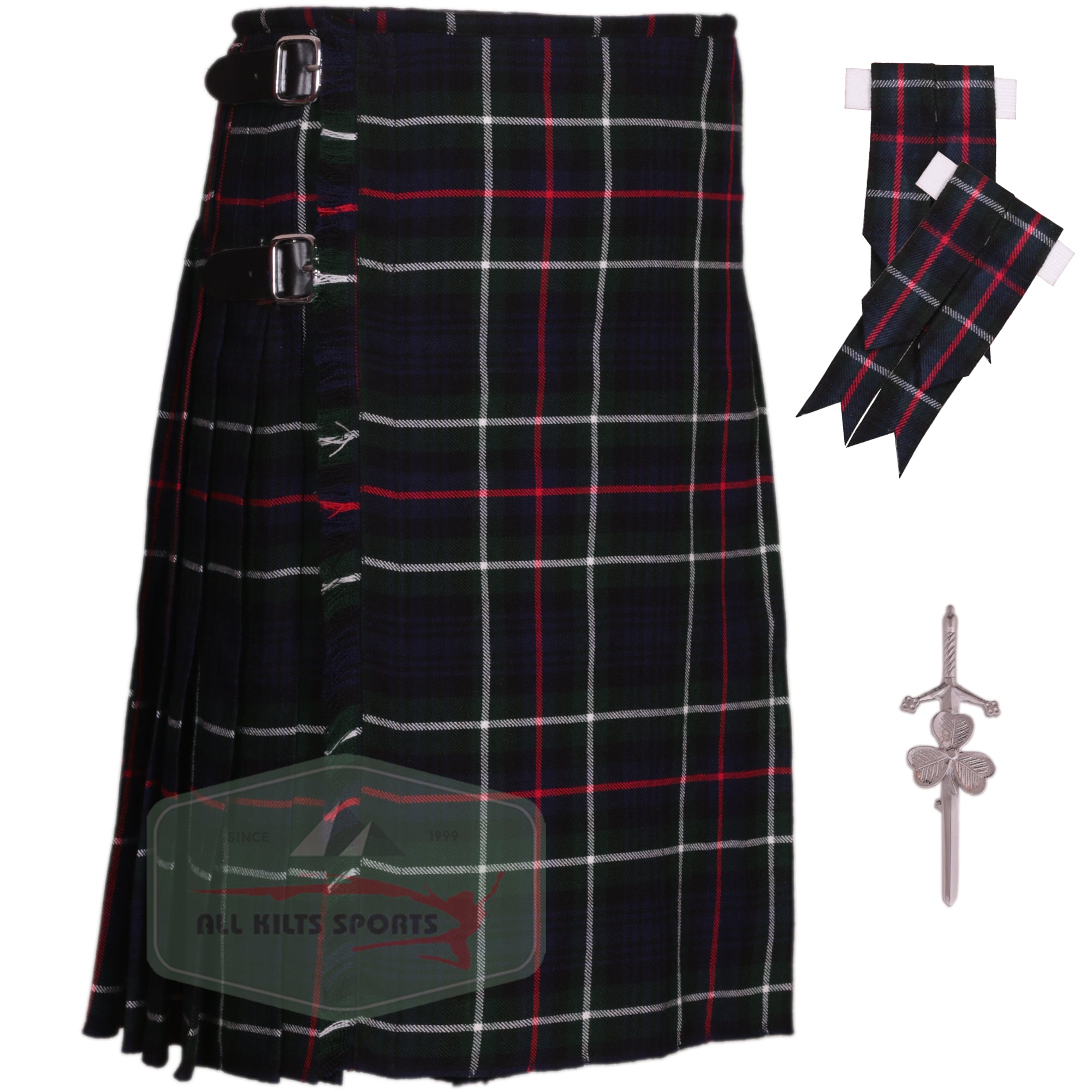 Traditional Mackenzie 8 And 5 Yards Kilt with Flashes and Kilt Pin - Available in Various Colors