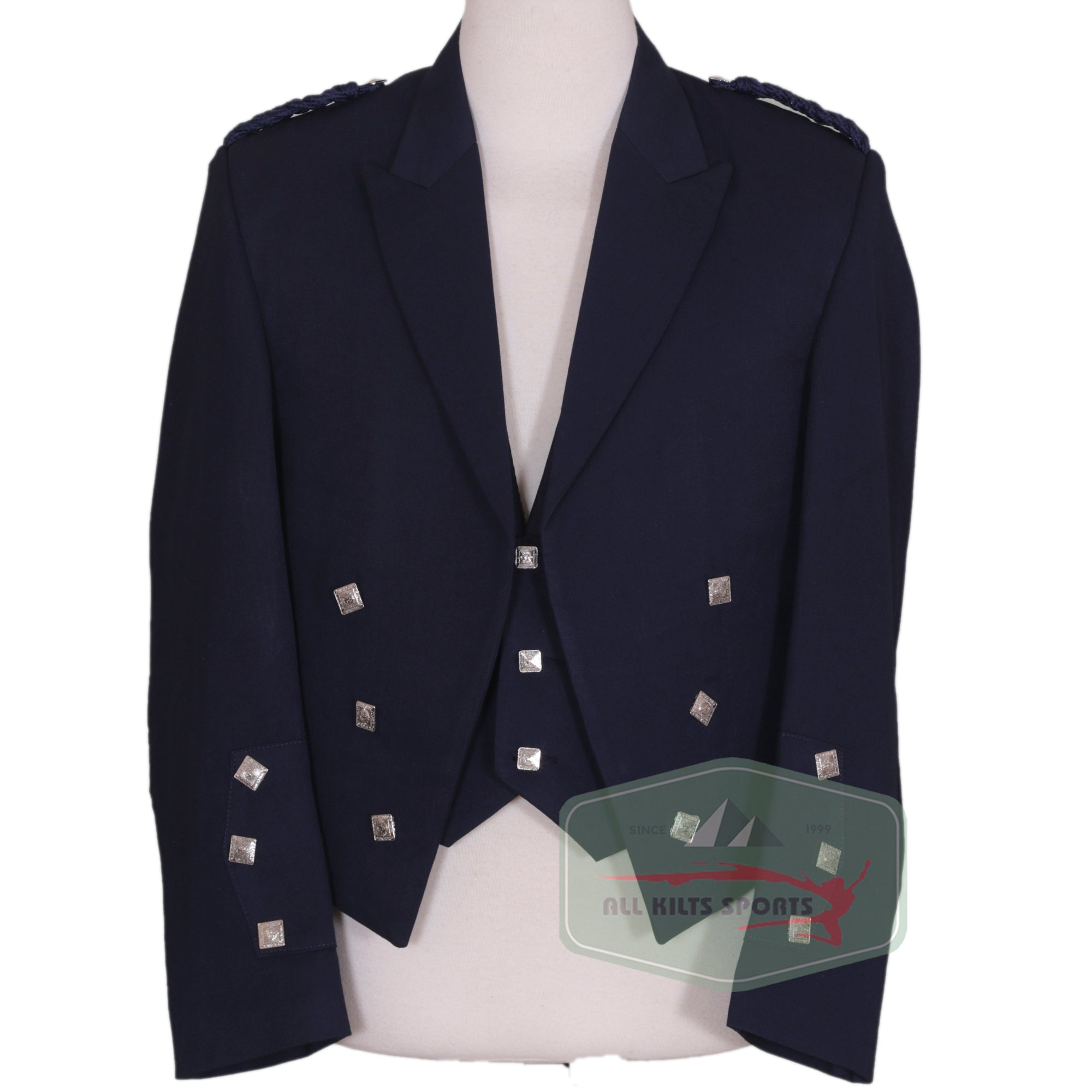 Navy Blue Charlie Kilt Jacket with silver square buttons and vest