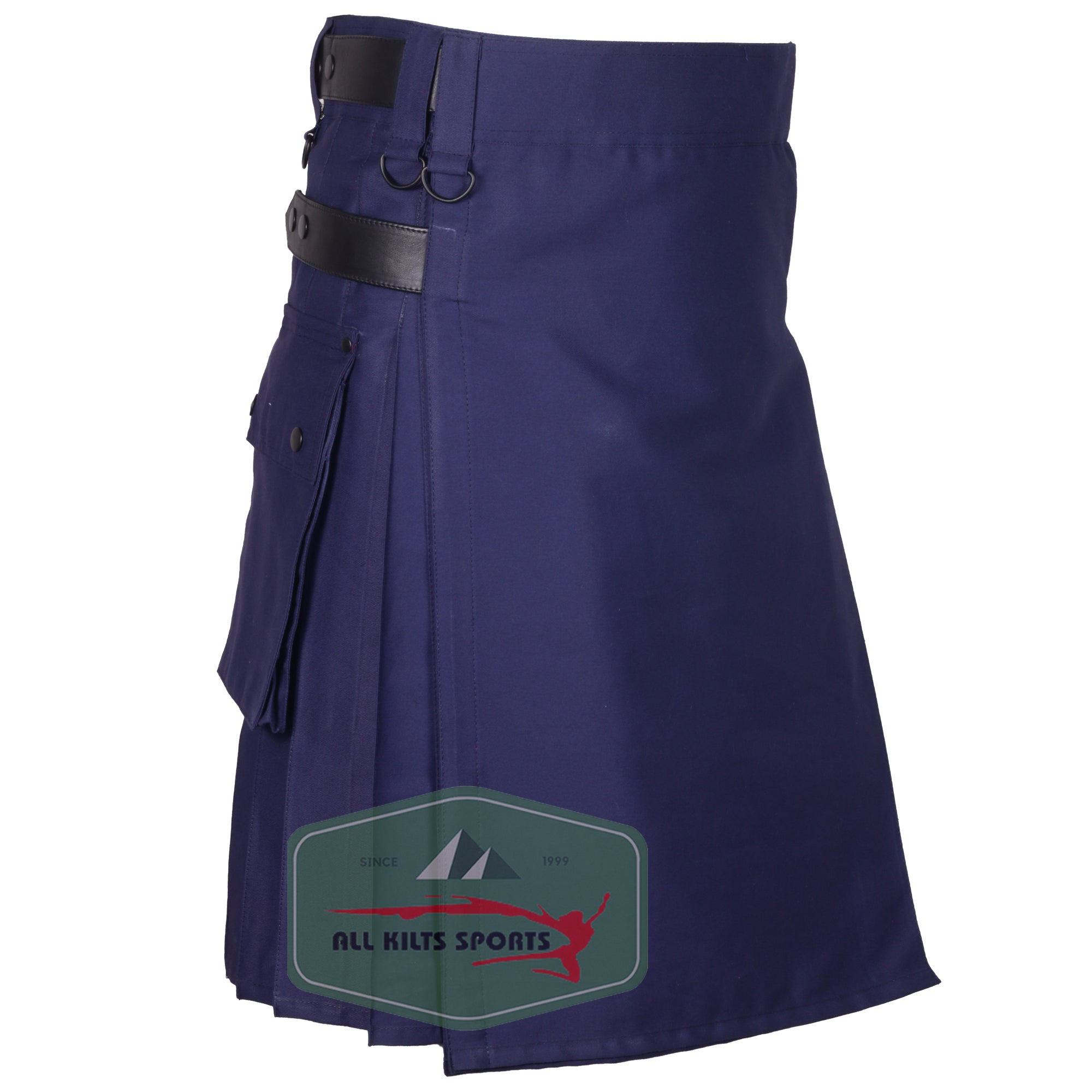 Navy Blue Modern Utility Kilt with Leather Straps – Stylish and Durable