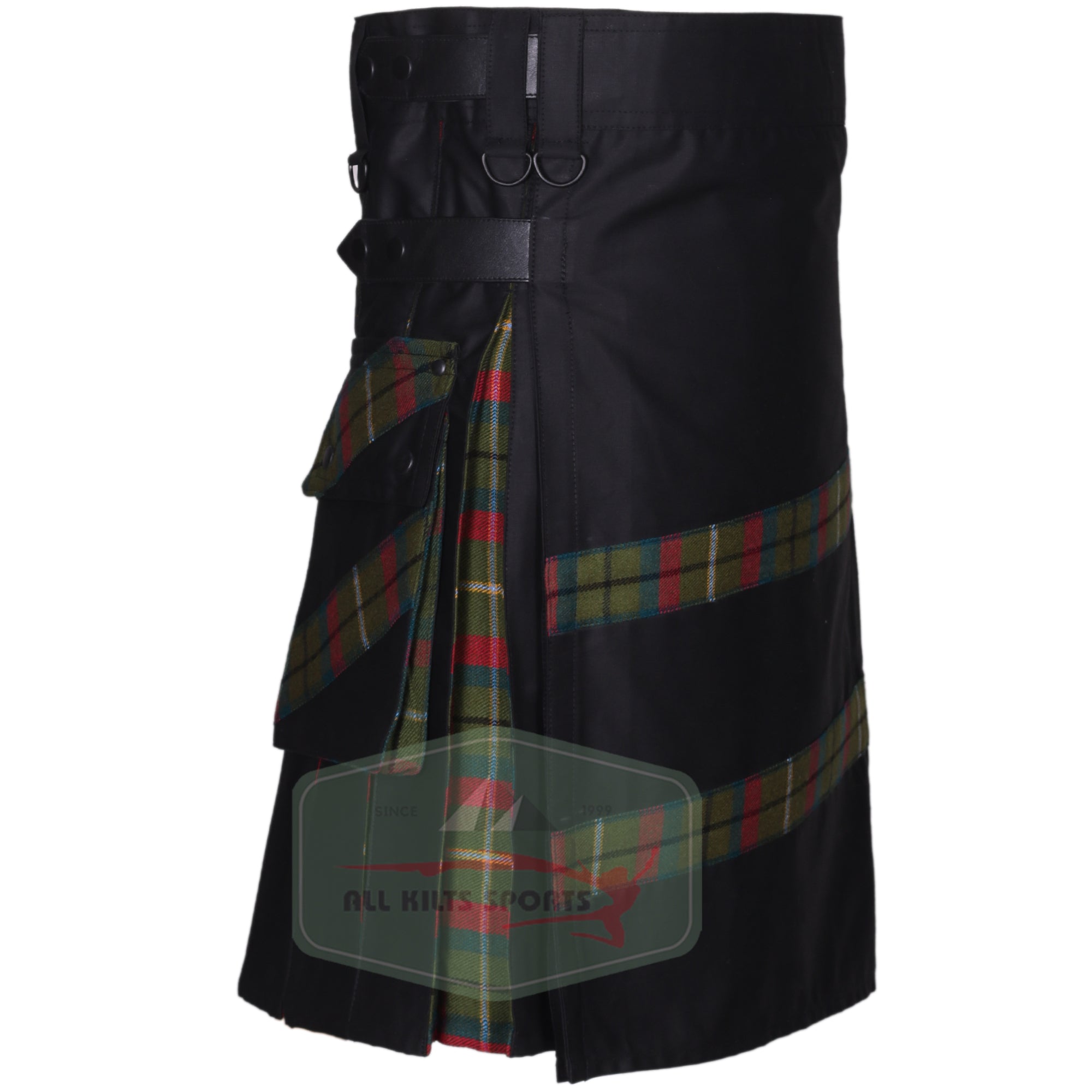 Black Hybrid Kilt with Leather Straps and Tartan Pleats - Available In Different Colors