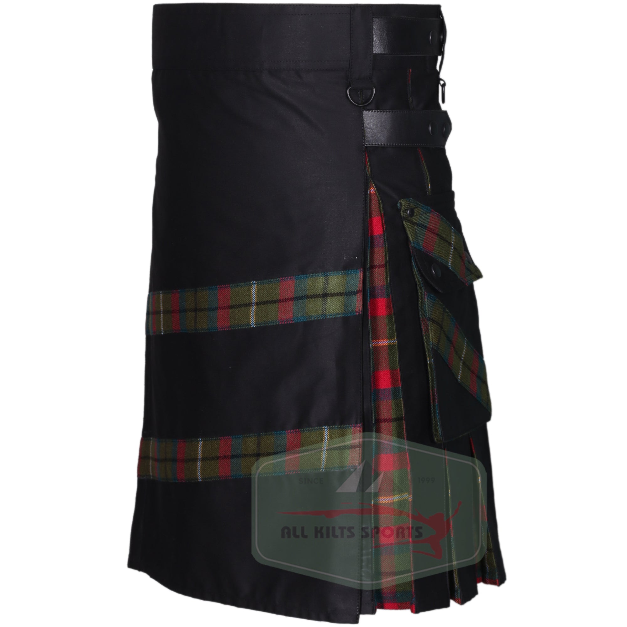 Black Hybrid Kilt with Leather Straps and Tartan Pleats - Available In Different Colors