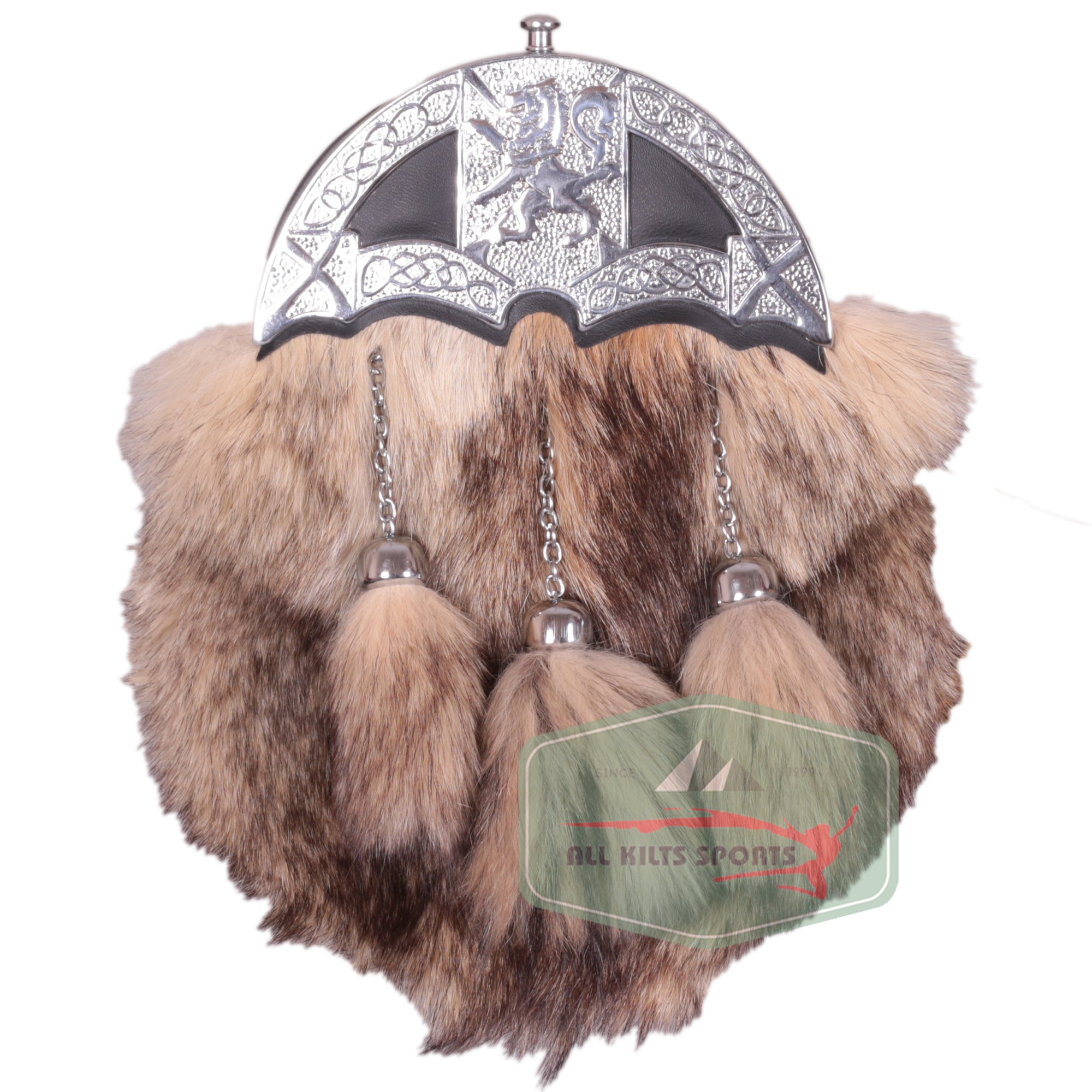 Scottish Rabbit Fur Sporran with Embossed Lion Cantle | Chain & Leather Strap Included