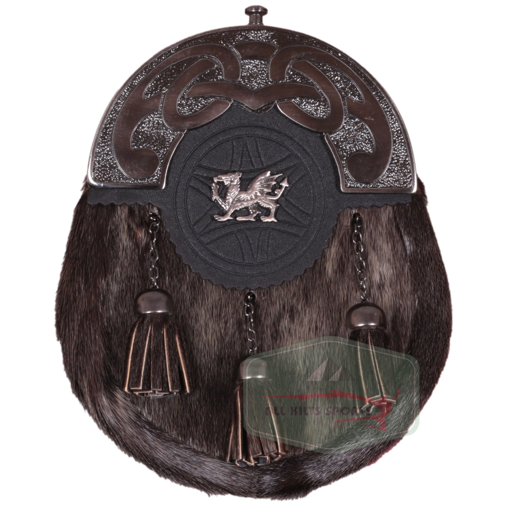 Scottish Rabbit Fur Sporran with Welsh Dragon Badge and Antique Knotwork Cantle | Chain & Leather Strap Included