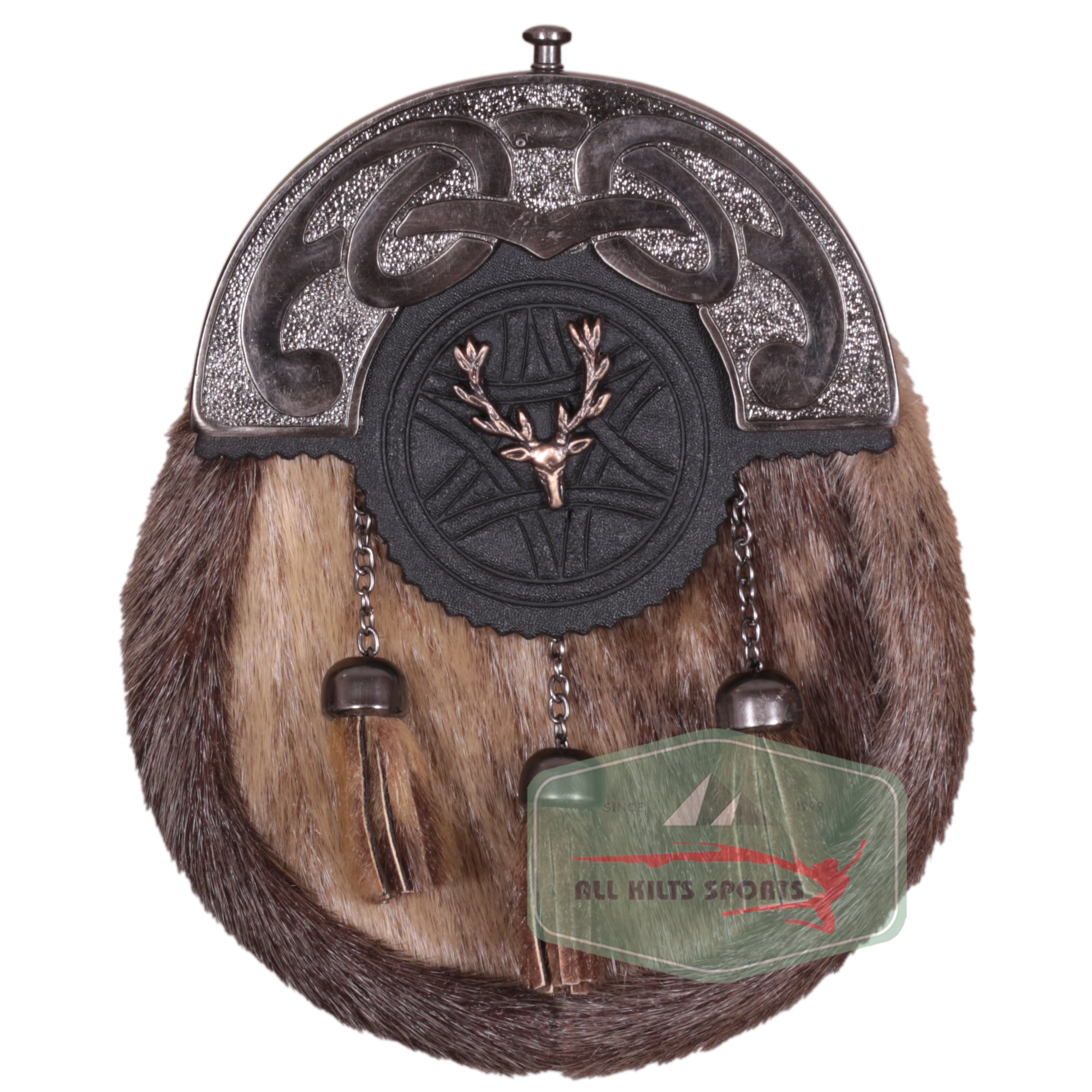 Scottish Rabbit Fur Sporran with Stag Head Badge and Antique Finish | Chain & Leather Strap Included