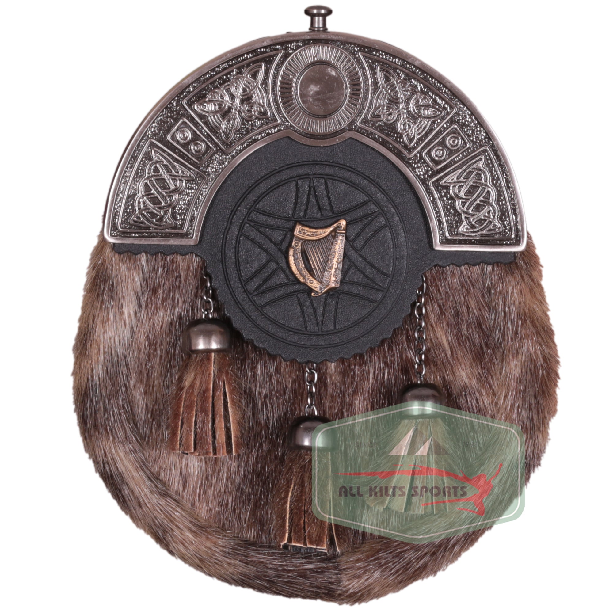 Scottish Rabbit Fur Sporran with Harp Badge and Antique Bronze Cantle | Chain & Leather Strap Included