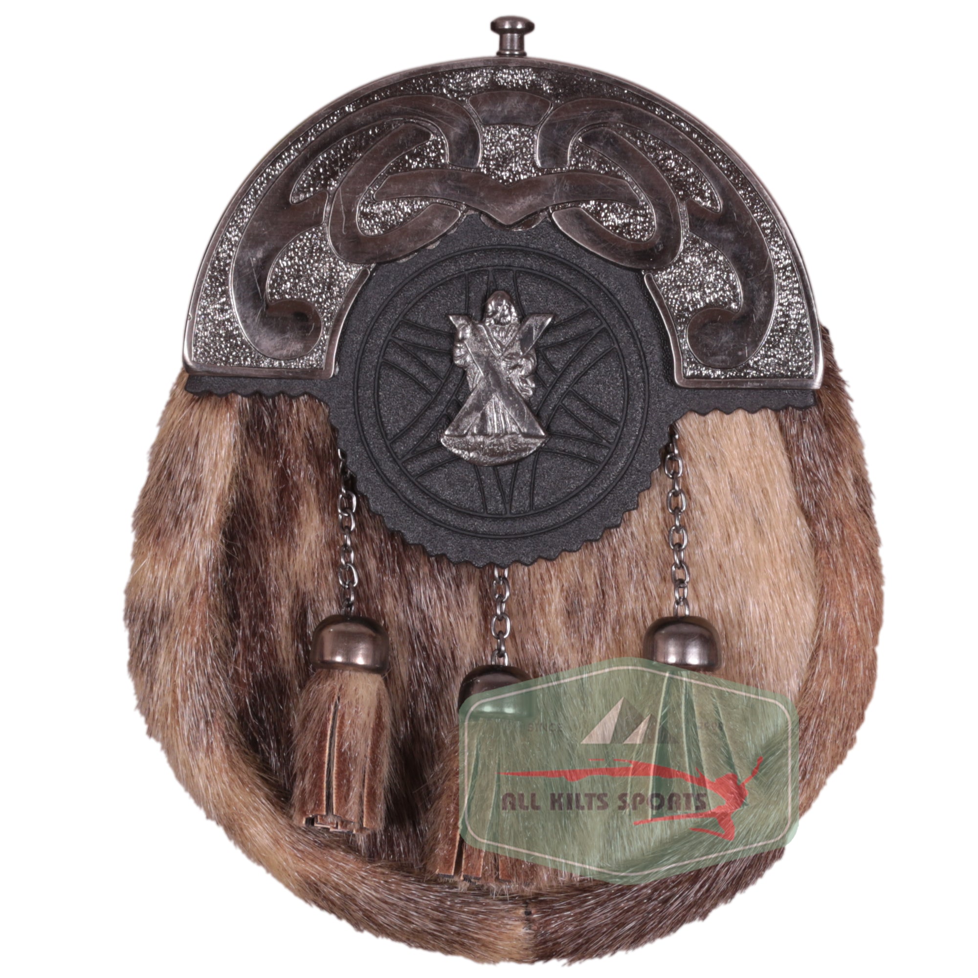 Scottish Rabbit Fur Sporran with St. Andrew Dress Badge and Antique Finish | Chain & Leather Strap Included