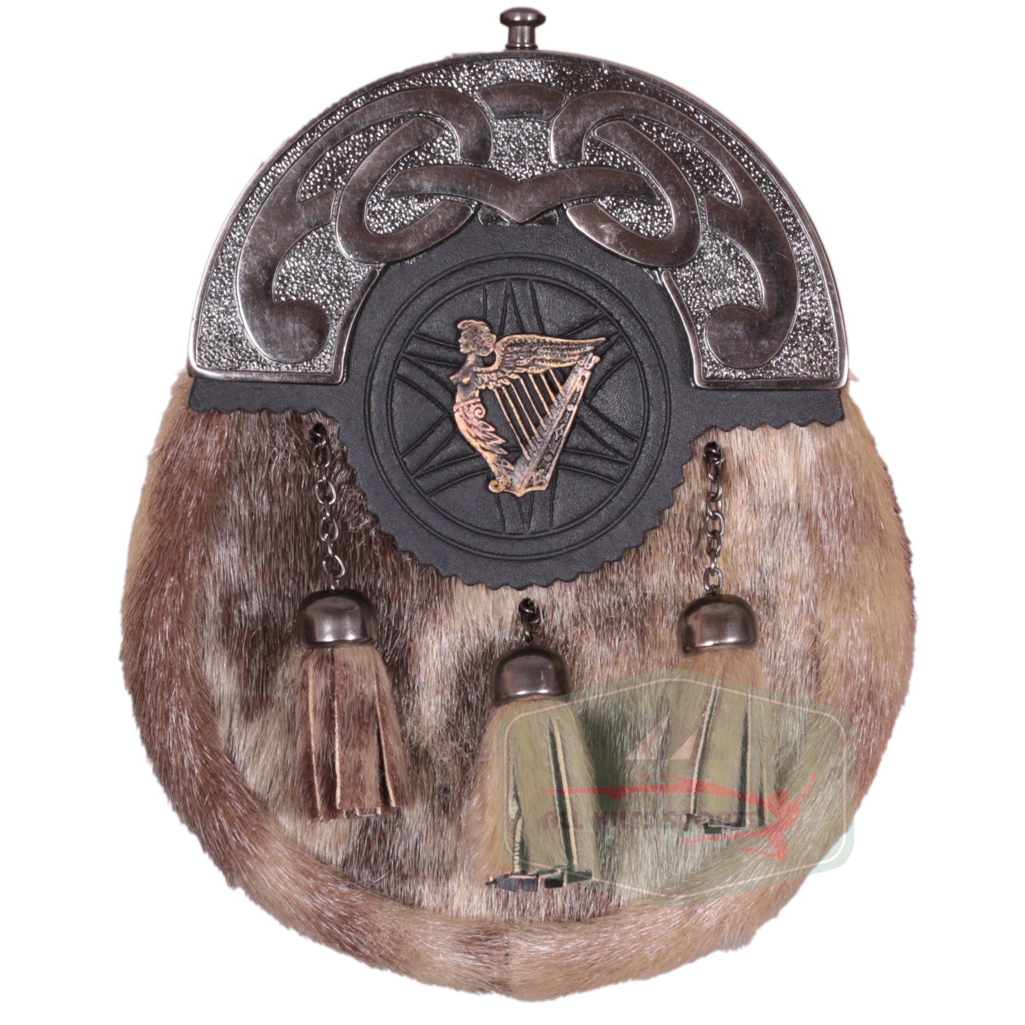 Scottish Rabbit Fur Sporran with Celtic Harp Royal Badge and Knotwork Cantle | Chain & Leather Strap Included