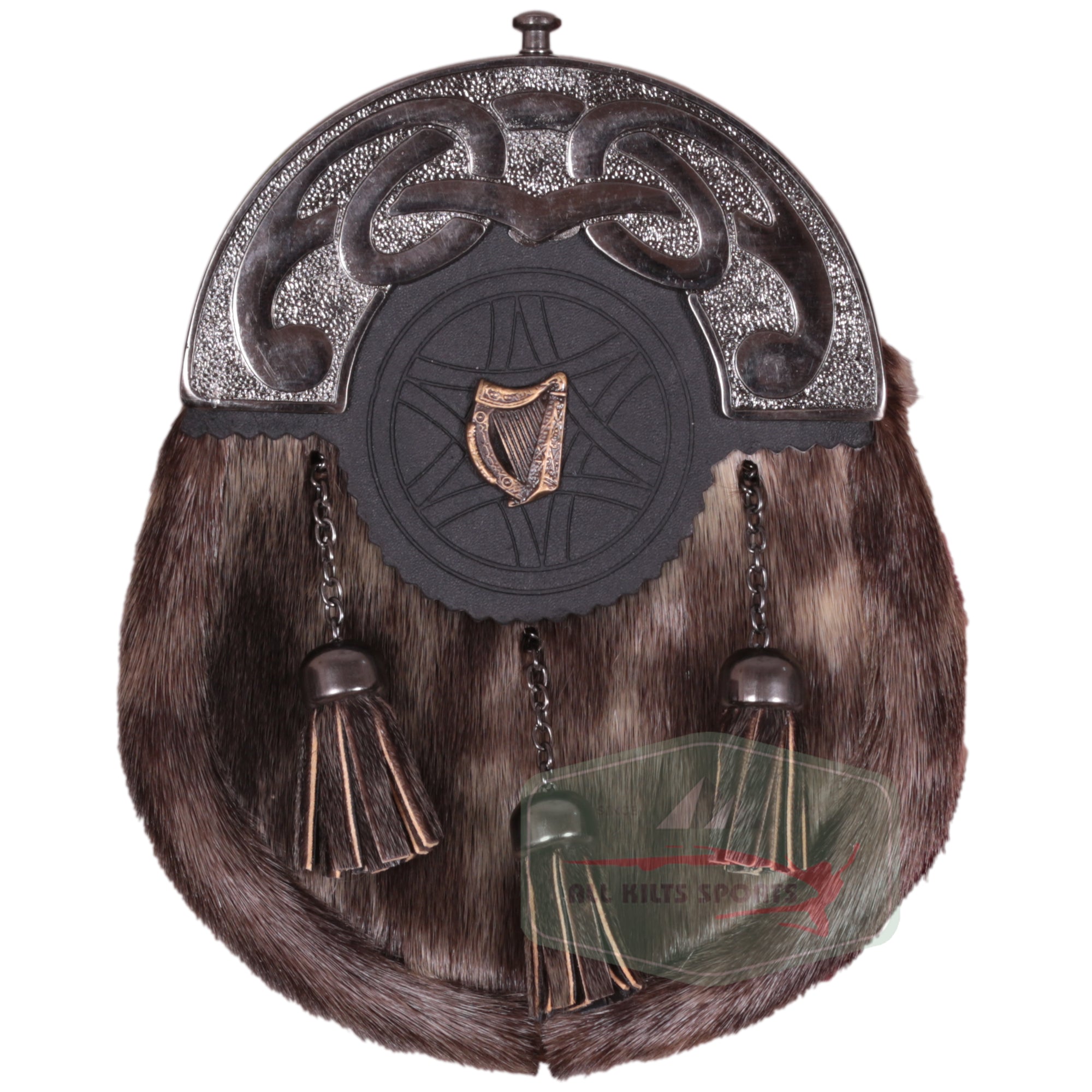 Scottish Rabbit Fur Sporran with Celtic Harp Badge and Antique Knotwork Cantle | Chain & Leather Strap Included