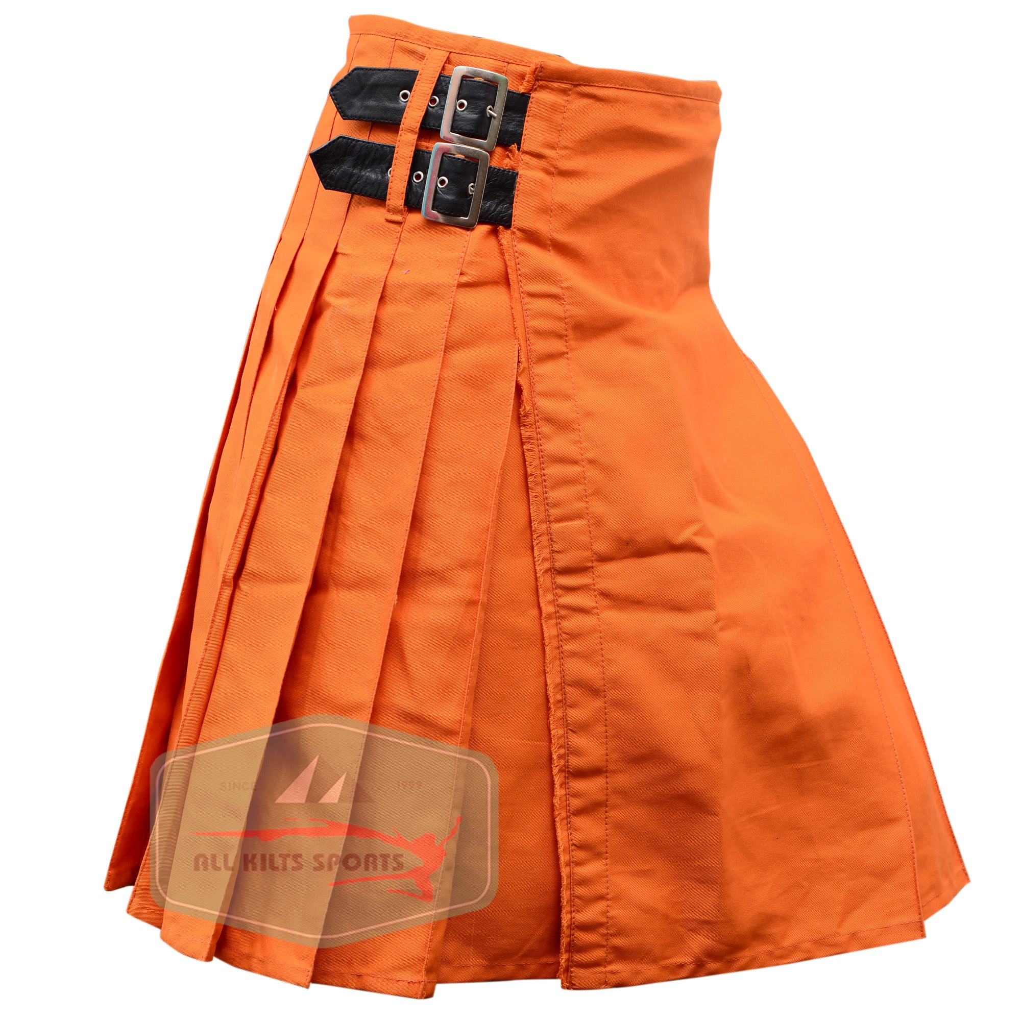 Trendy Orange Utility Kilt with Leather Straps – Perfect for Any Event