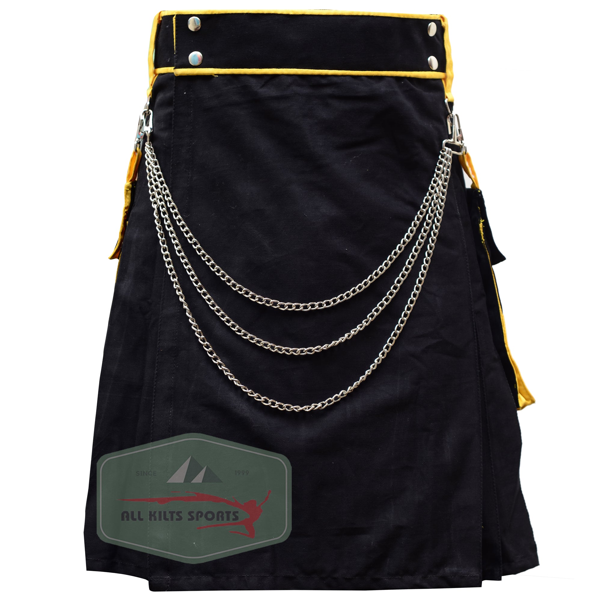 Trendy Black and Yellow Two Tone Utility Kilt with Chain – Perfect for Any Occasion