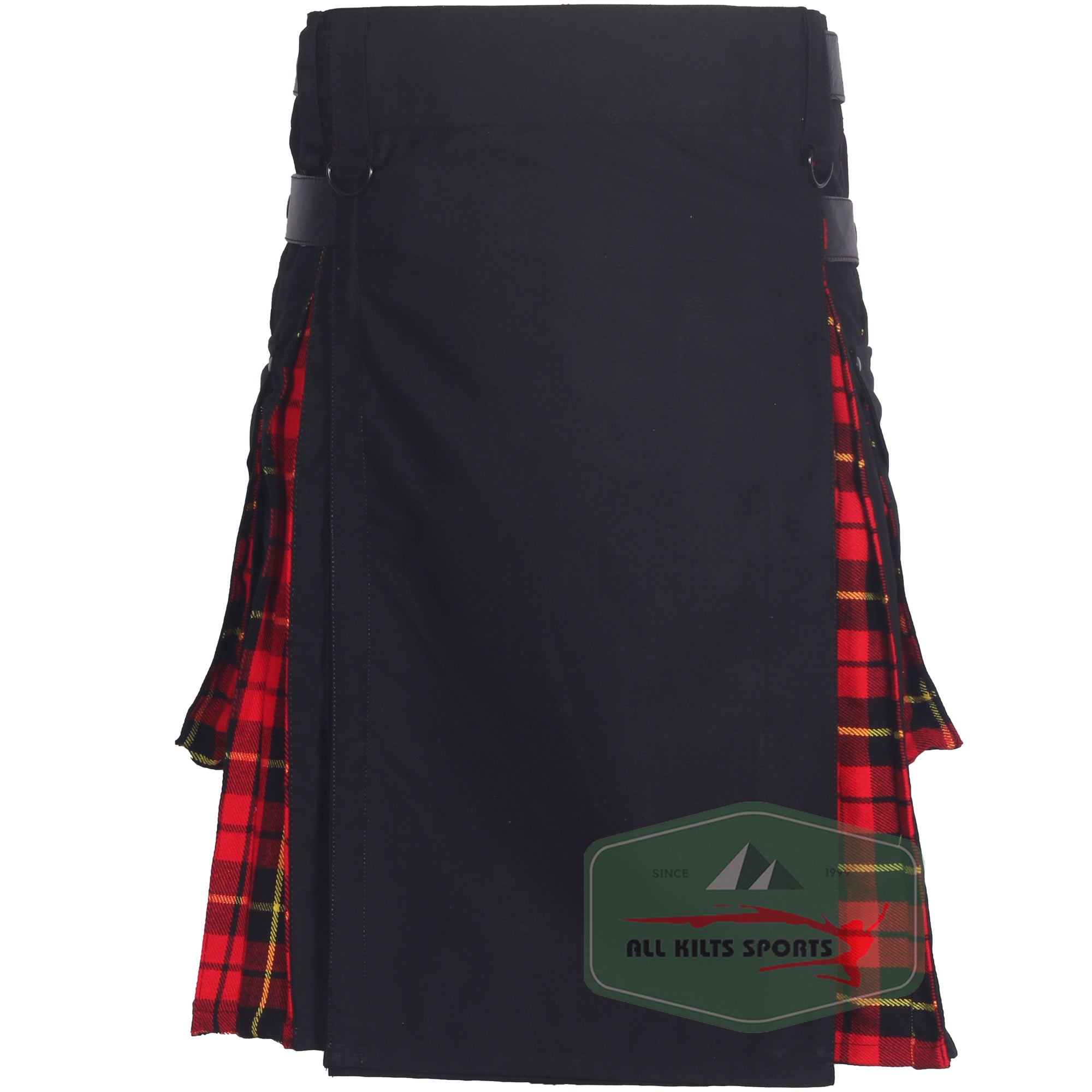 Black Cotton and Wallace Tartan Hybrid Utility Kilt with Leather Strap by All Kilts Sports