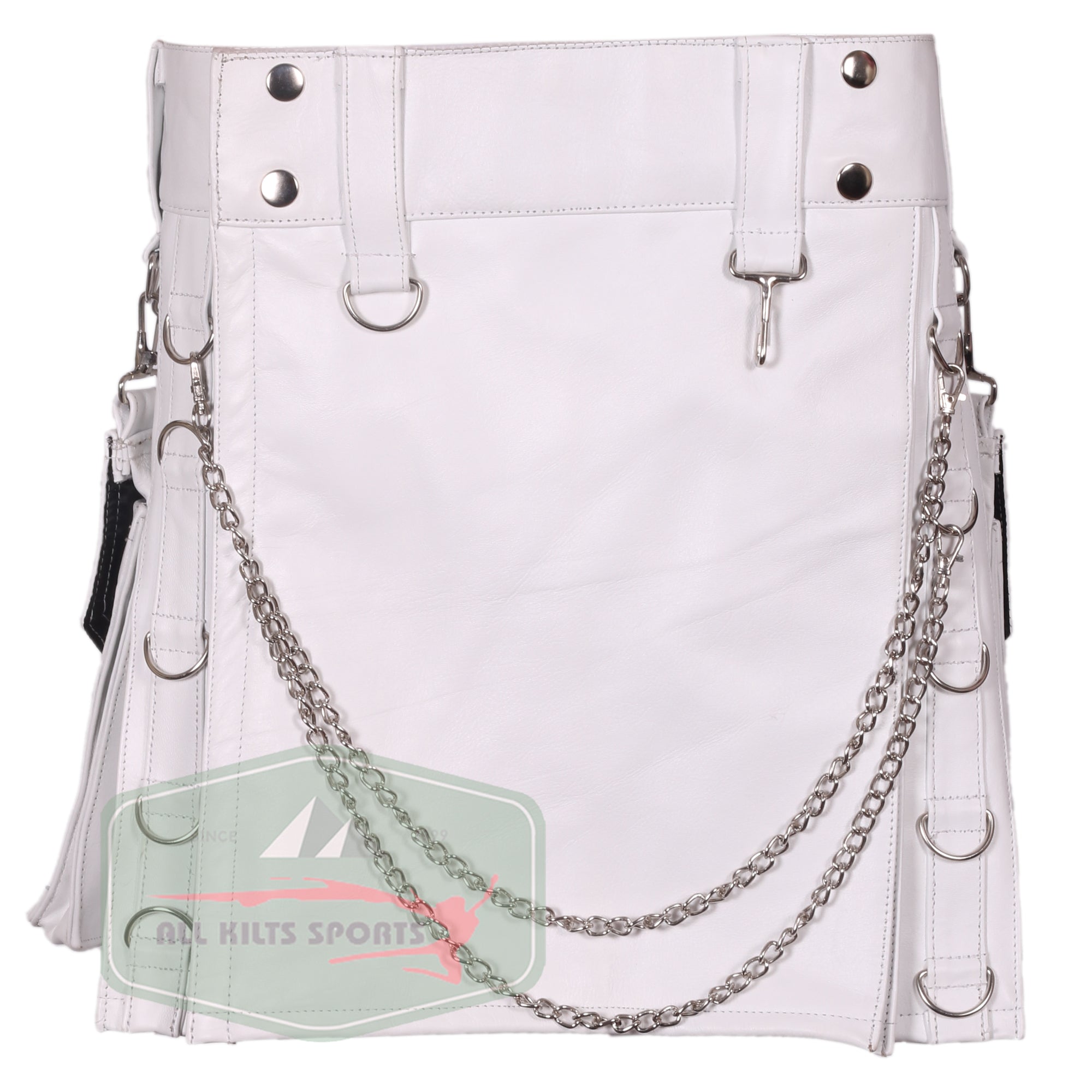 Women's White Leather Kilt with Detachable Pockets and Chain – Genuine Cowhide