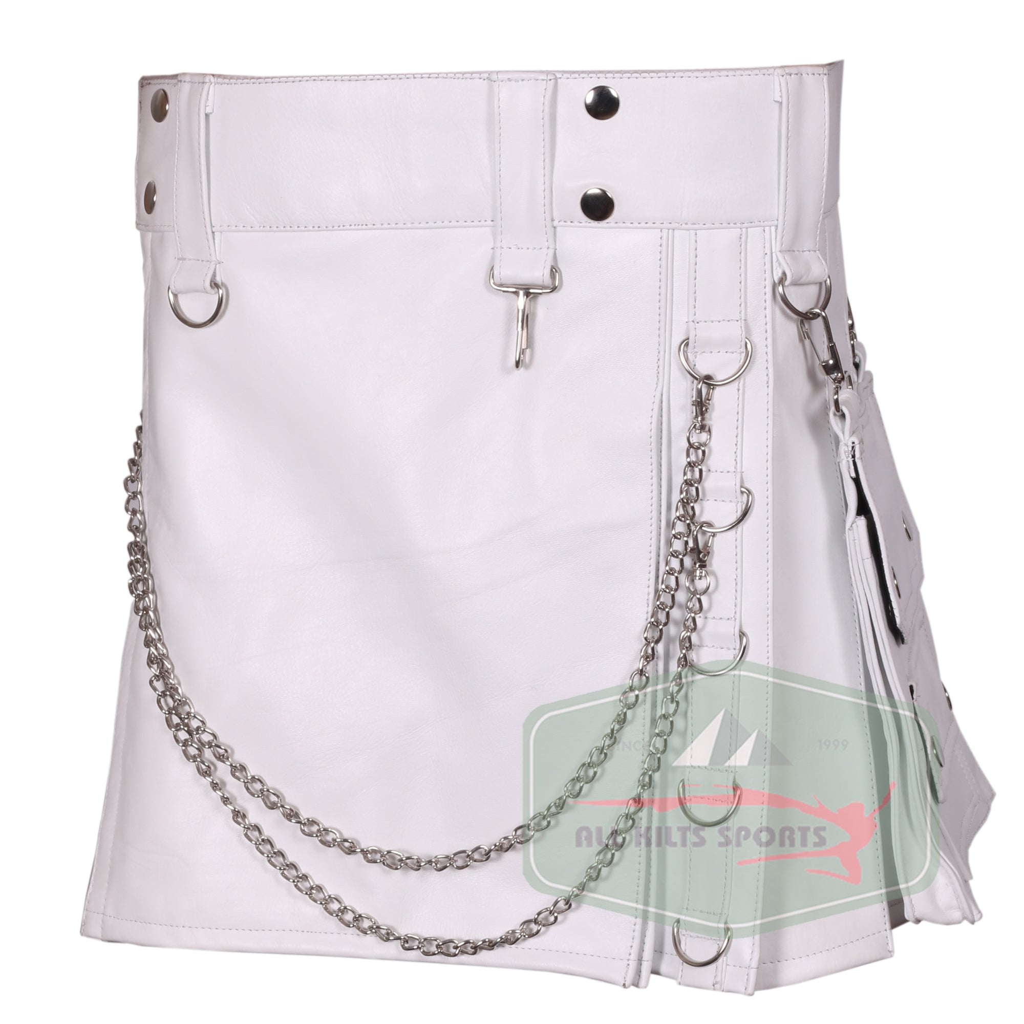 Women's White Leather Kilt with Detachable Pockets and Chain – Genuine Cowhide