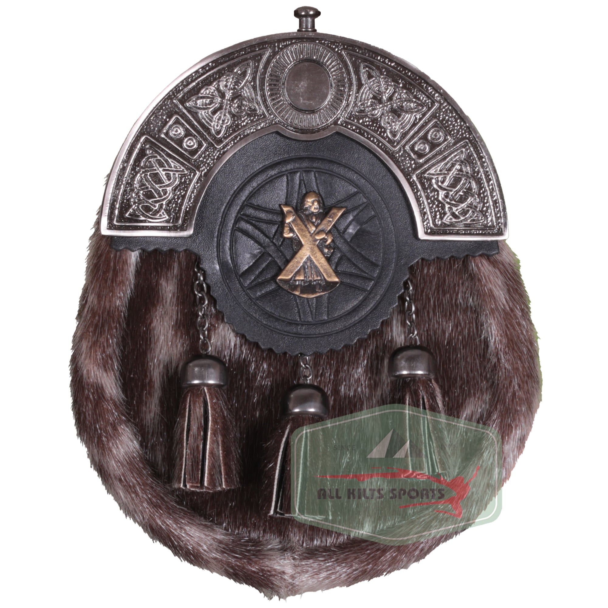 Traditional Fur Sporran with St. Andrew's Cross and Celtic Embossed Cantle