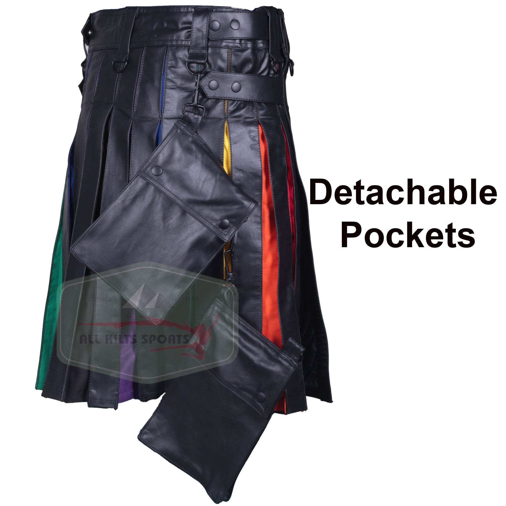 Vibrant Rainbow Leather Straps Kilt with Detachable Pockets - Cowhide and Cotton Blend