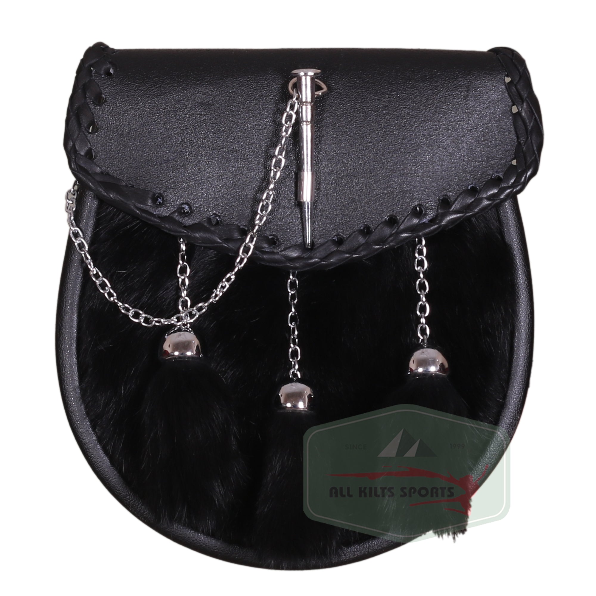 Premium Black Fur Sporran with Pin, Tassels, and Chain