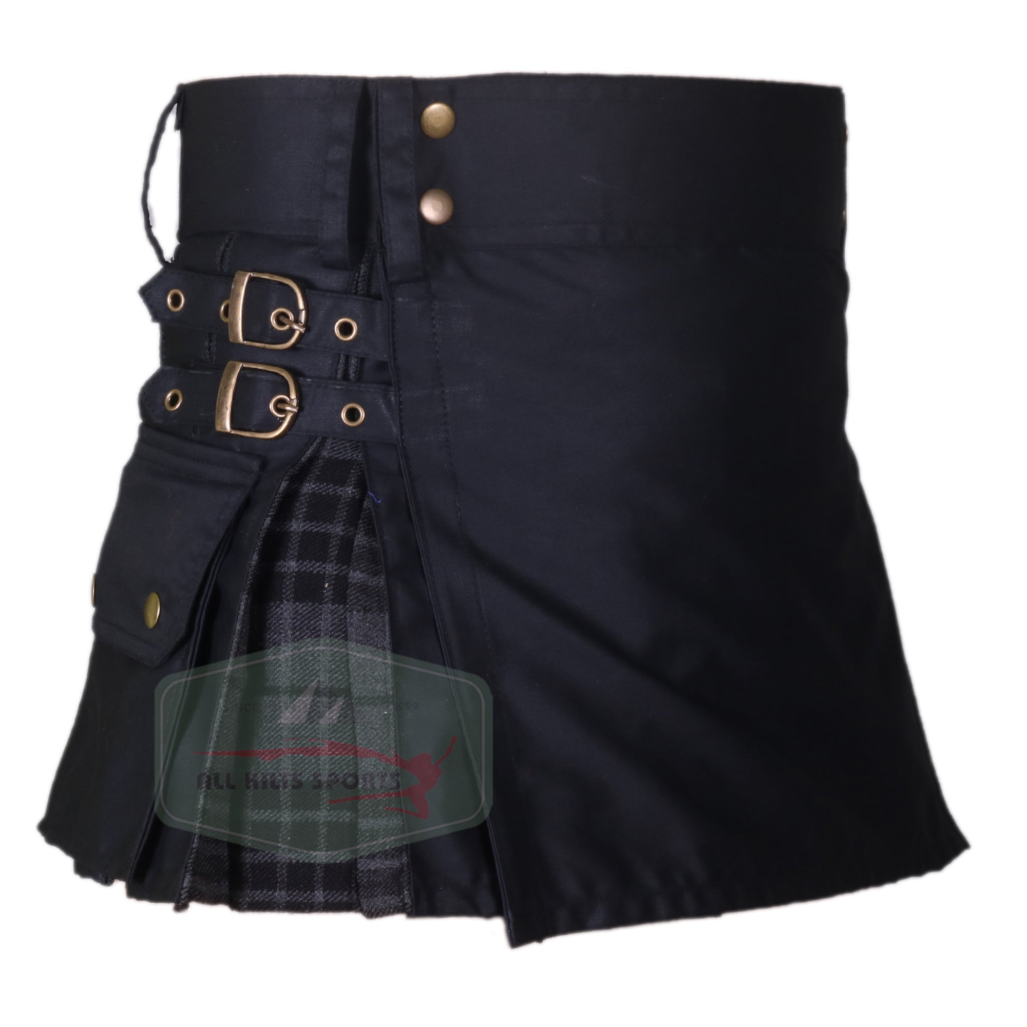 Newly Designed Black & Dark Grey Hybrid Women's Utility Kilt with Dark Highlander Tartan Pleats