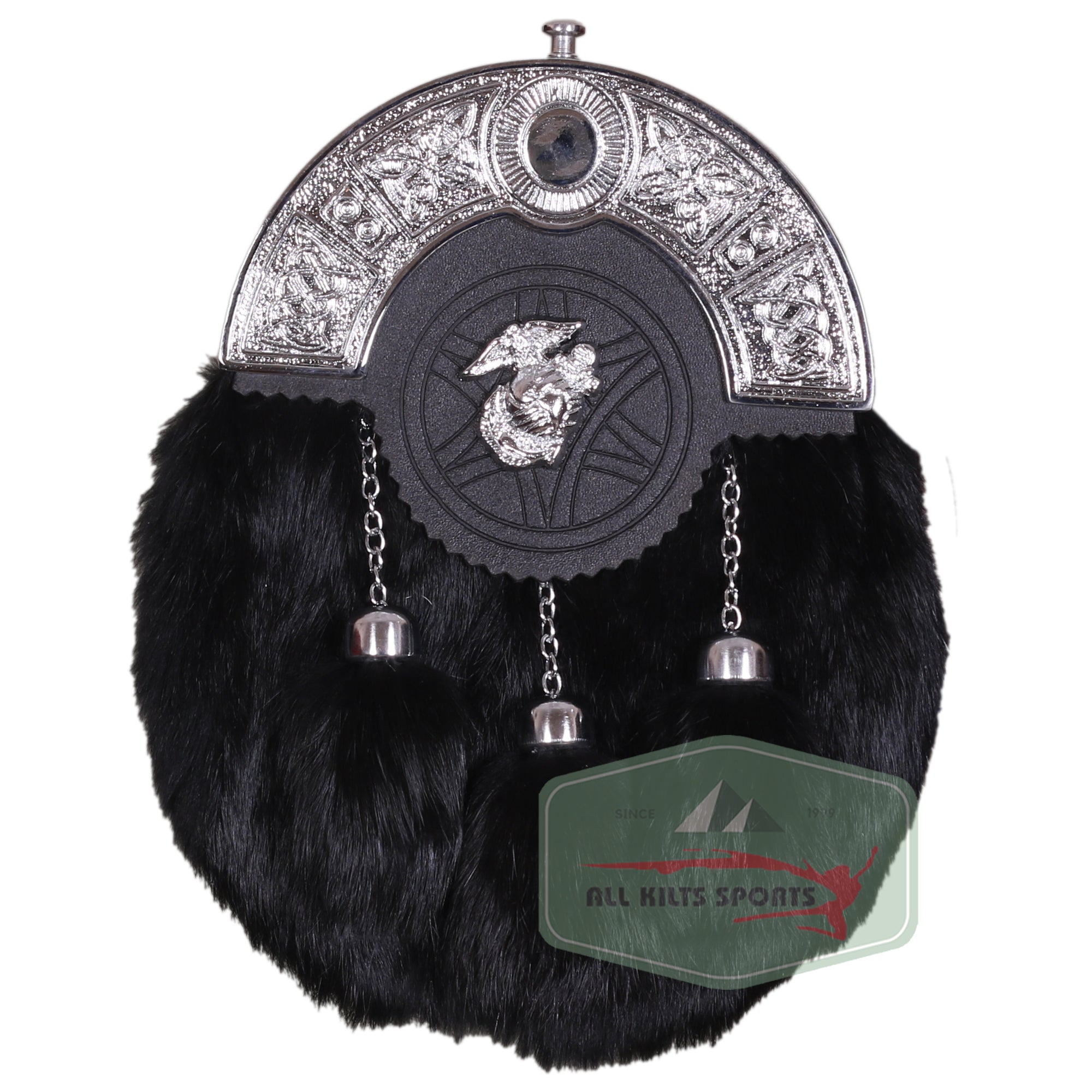 Black Rabbit Fur Sporran with Welsh Dragon Emblem and Celtic Cantle