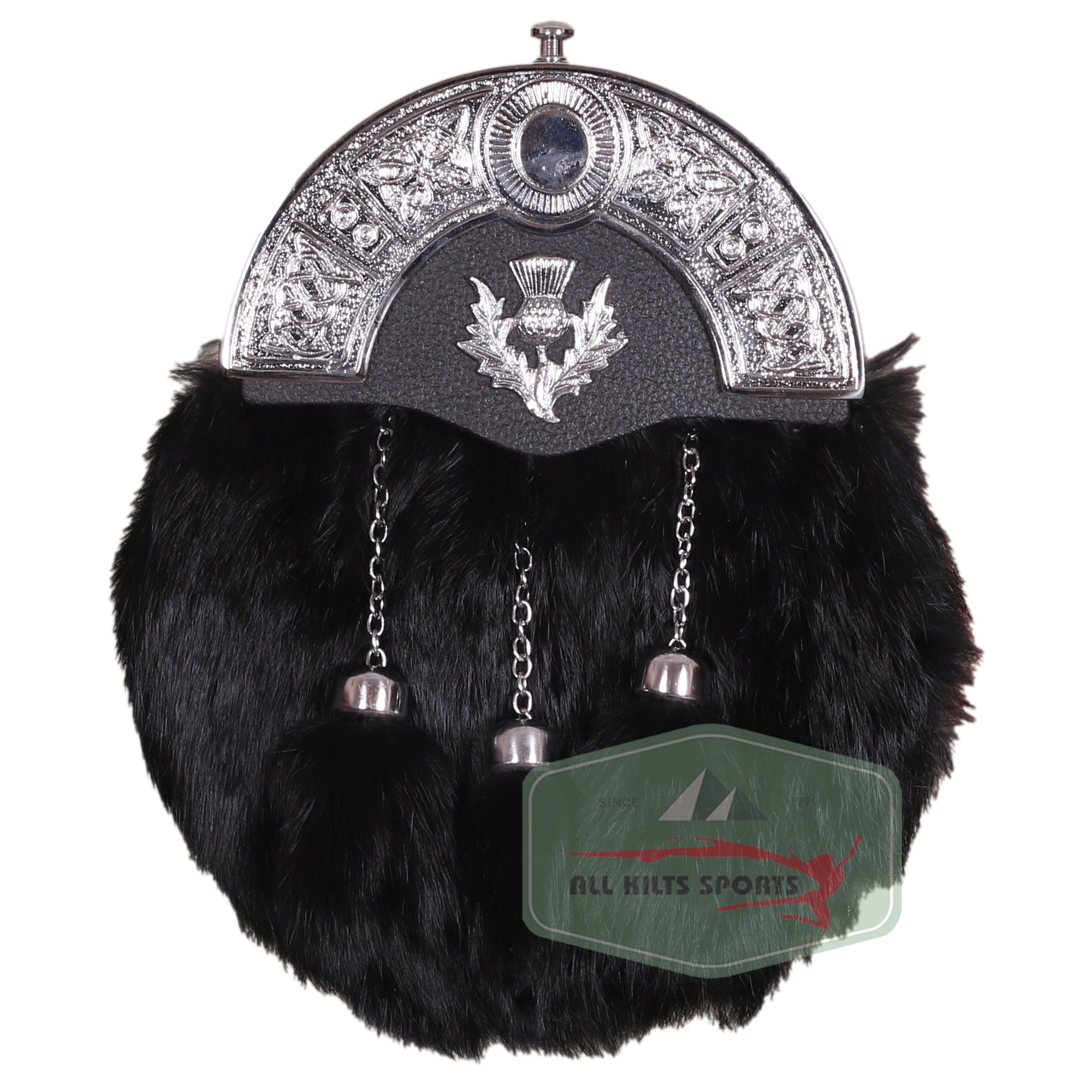 Black Rabbit Fur Sporran with Thistle Badge and Ornate Silver Cantle