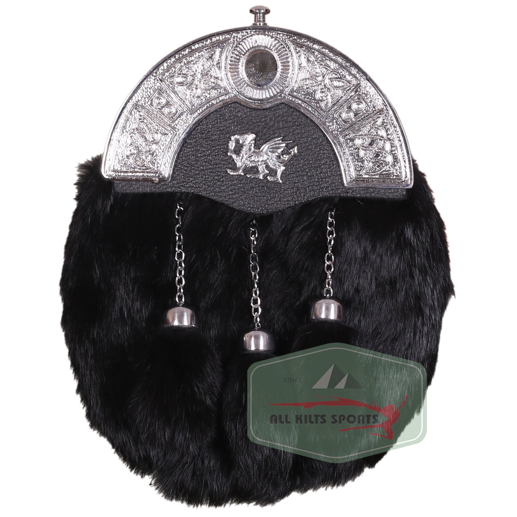 Black Rabbit Fur Sporran with Lion Emblem and Celtic Cantle