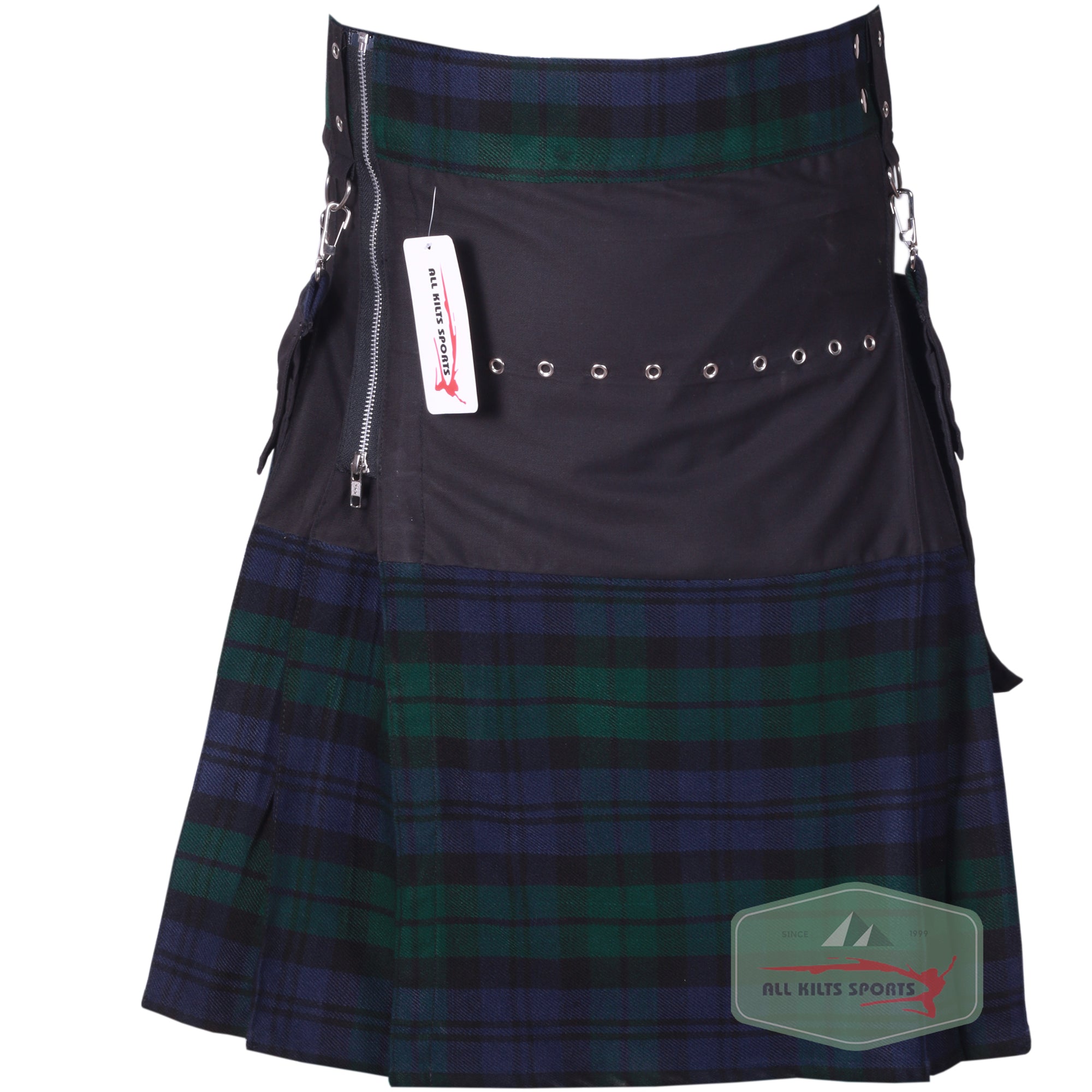 Black & Black Watch Utility Kilt with Detachable Pockets - Perfect for Burning Man