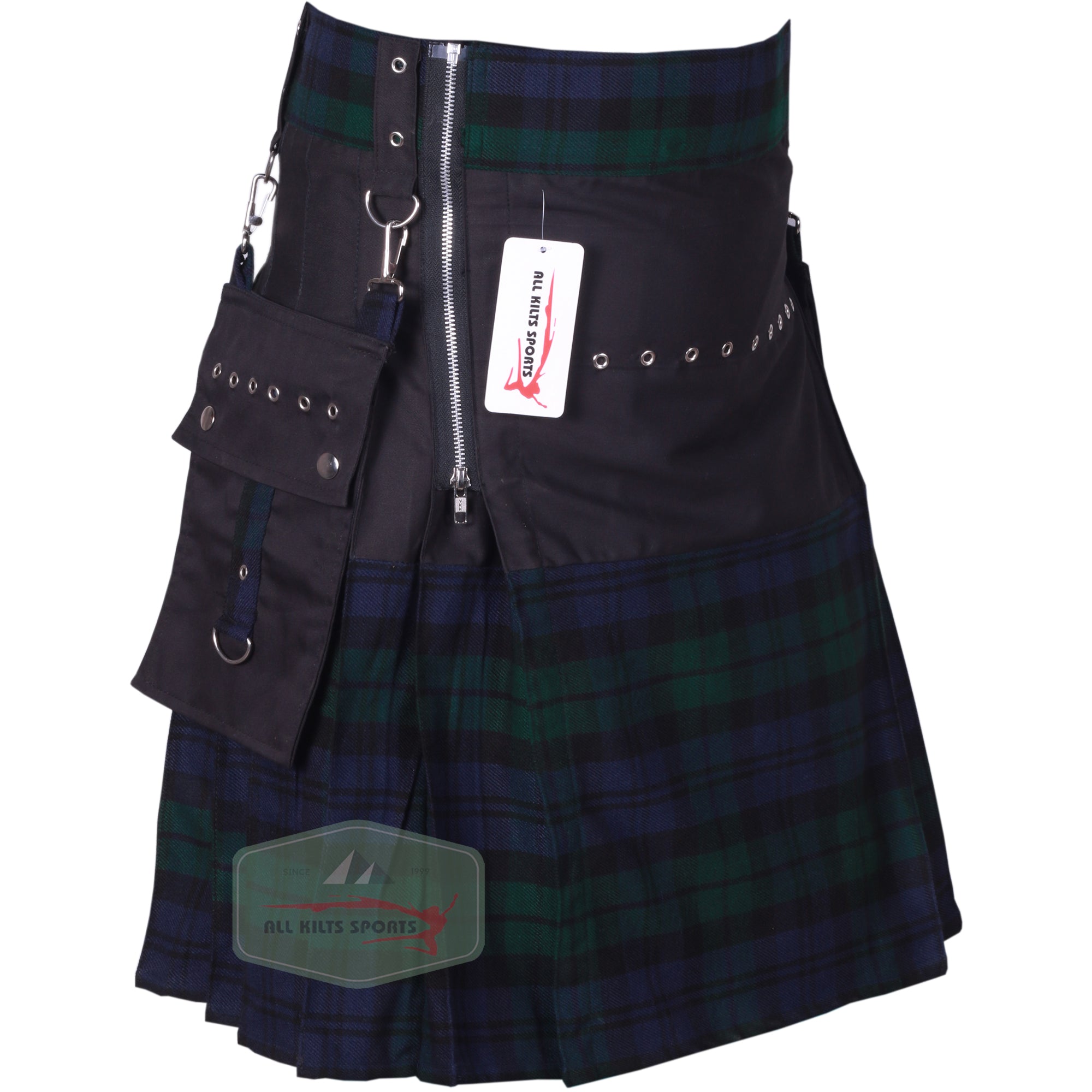 Black & Black Watch Utility Kilt with Detachable Pockets - Perfect for Burning Man