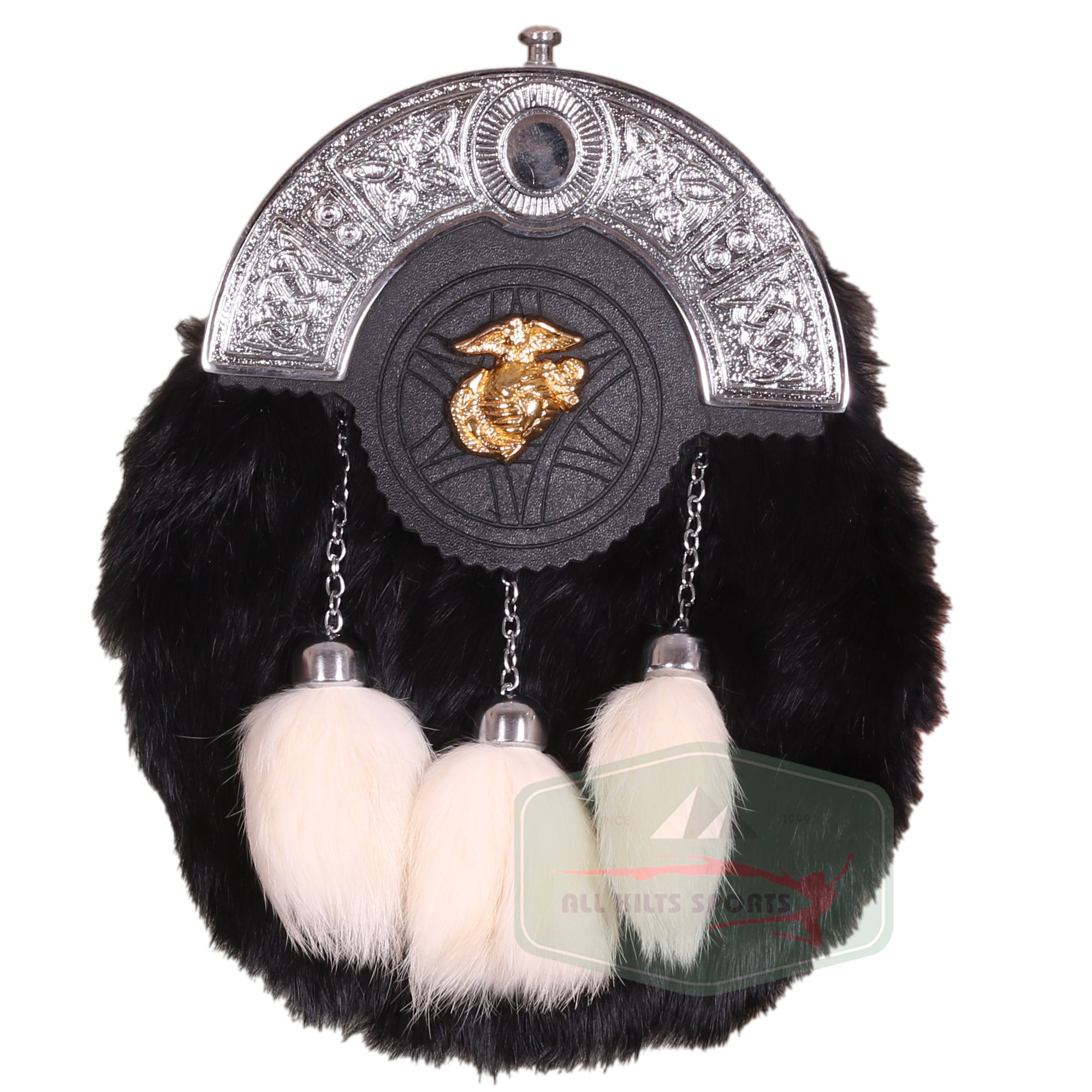 Black Rabbit Fur Sporran with 3 White Tassels and Gold American Marine Badge – Classic Highland Accessory