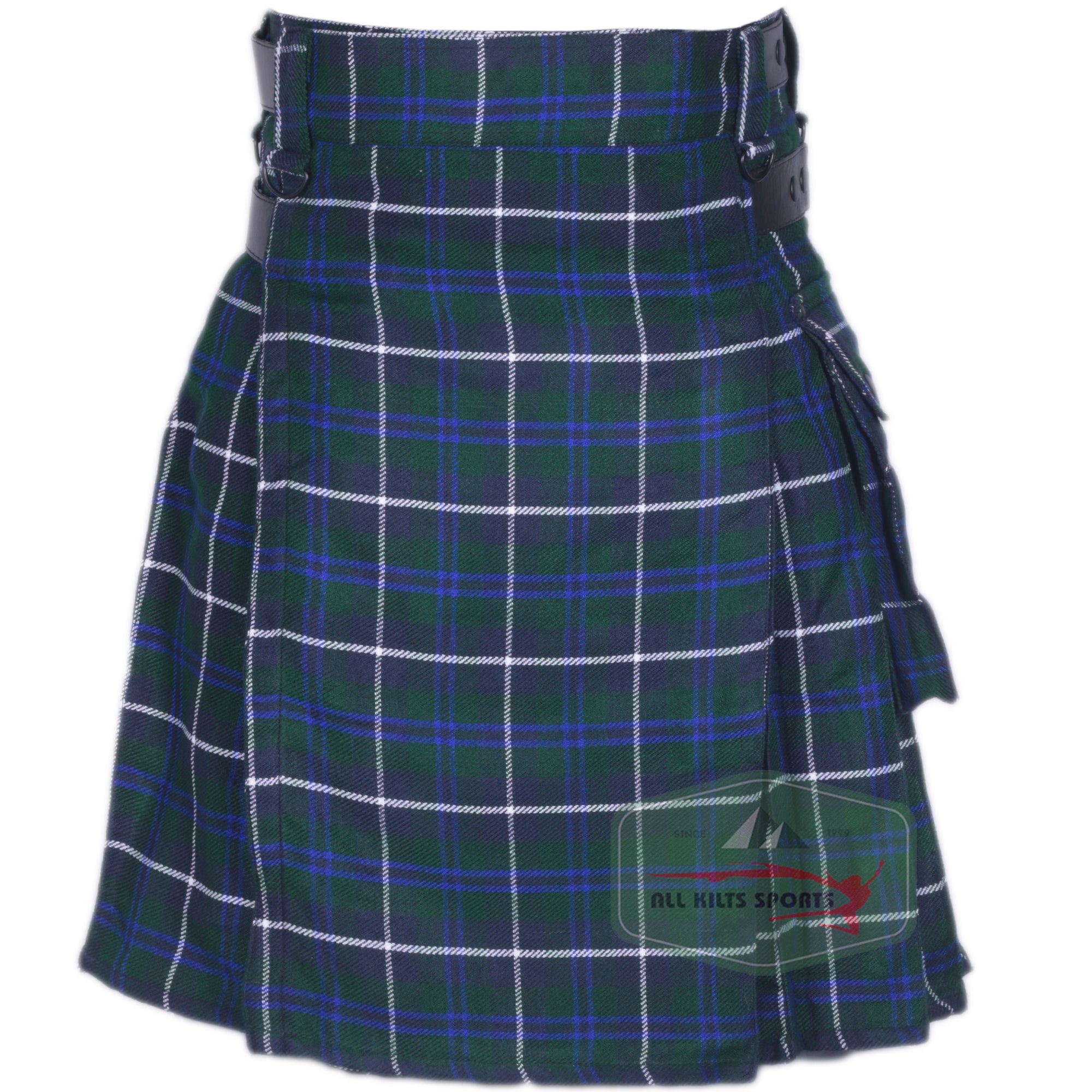 Blue Douglas Utility Kilt with Leather Straps and Cargo Pockets