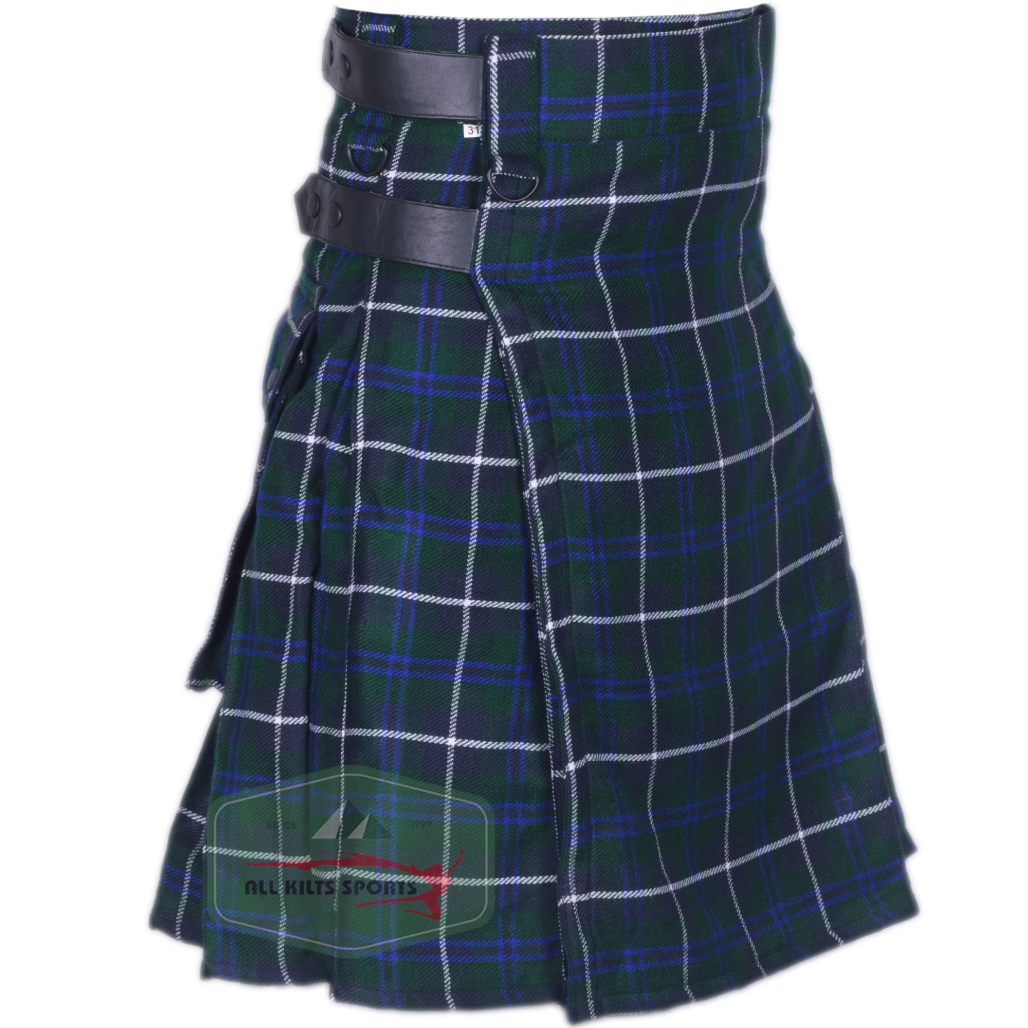 Blue Douglas Utility Kilt with Leather Straps and Cargo Pockets