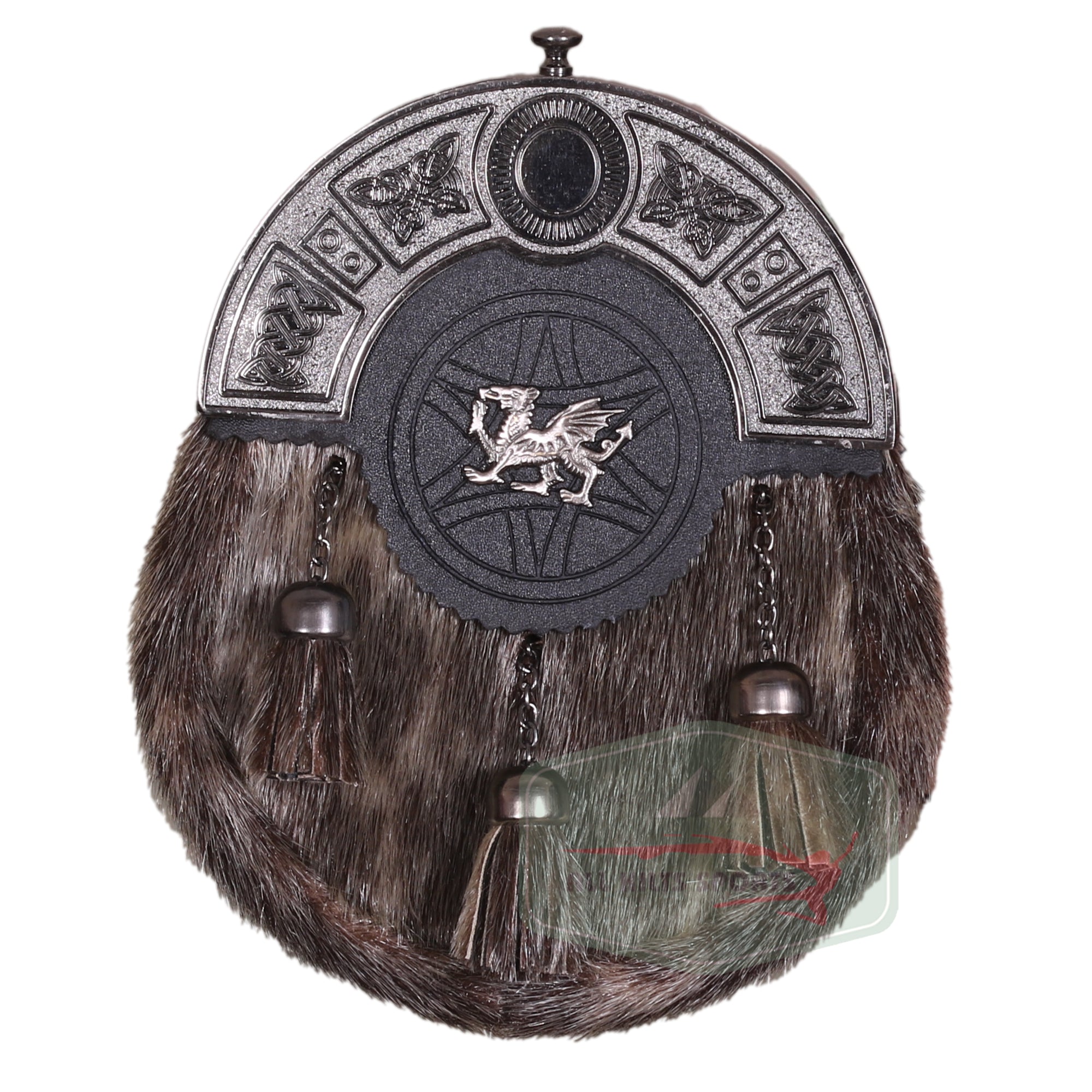 Scottish Kilt Sporran with Welsh Dragon Badge – Cowhide Leather, Antique Finish Chain & Straps