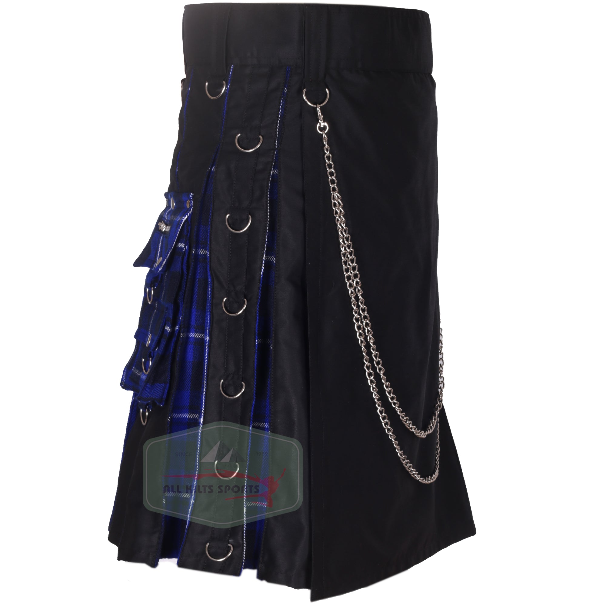 Stylish Black Cotton And In Pleats American Patriot Tartan Hybrid Wedding Kilt with Detachable Chain