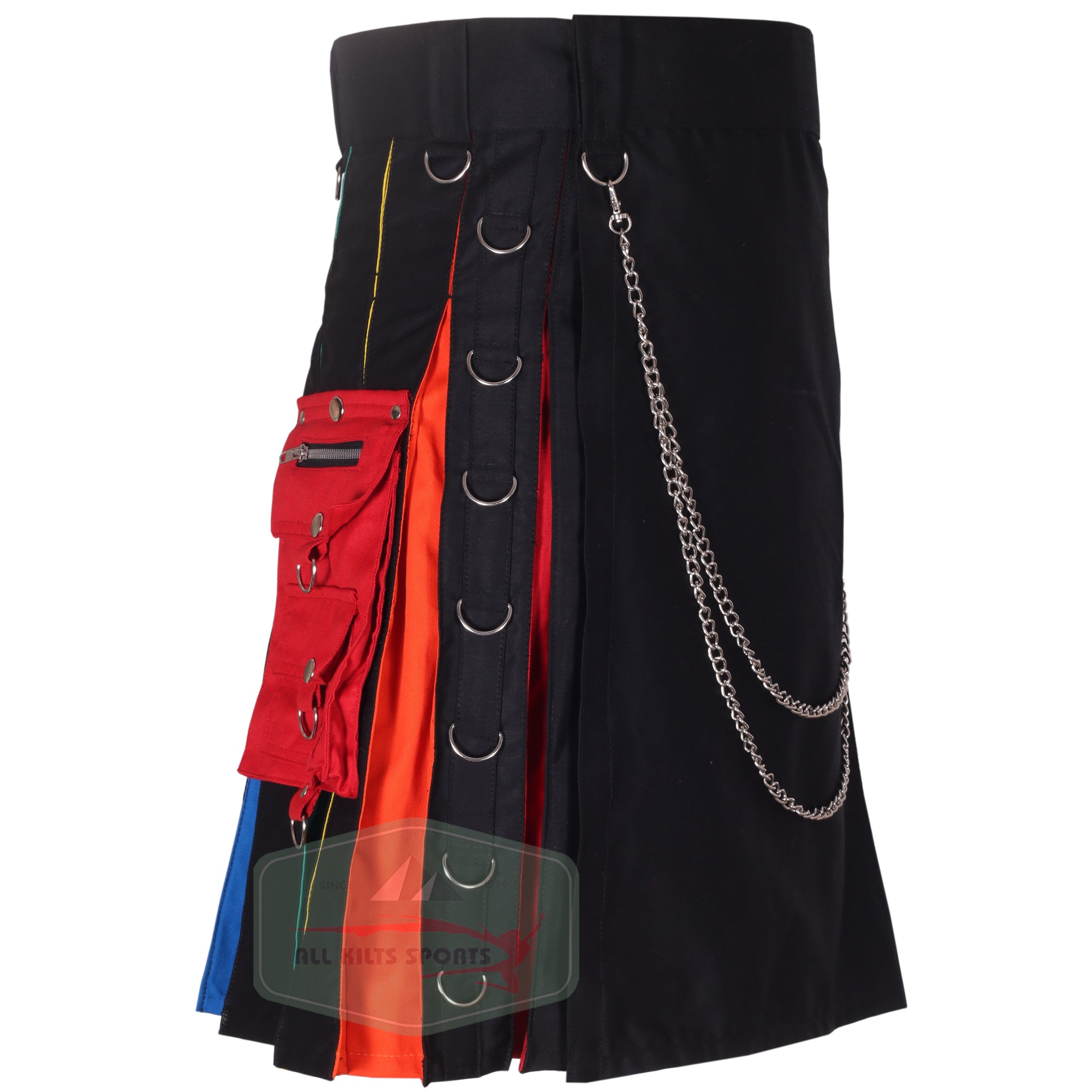 Black Kilt with Stunning Rainbow Pleats and Cargo Pockets for Weddings