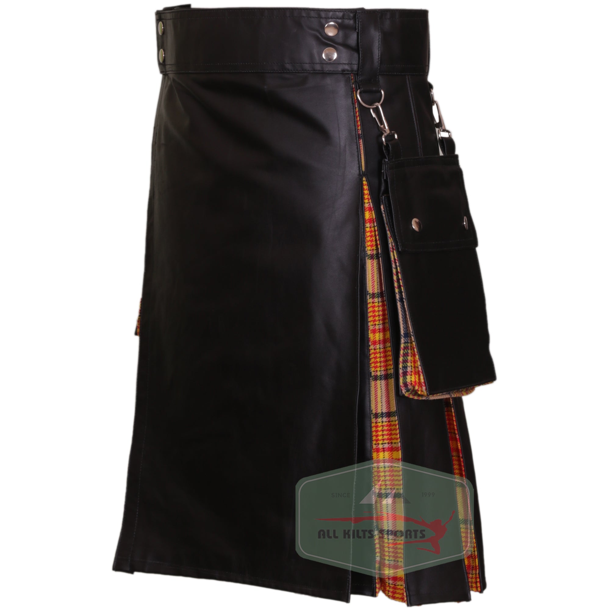 Stylish Black Cowhide Leather Kilt with Tartan Pleats