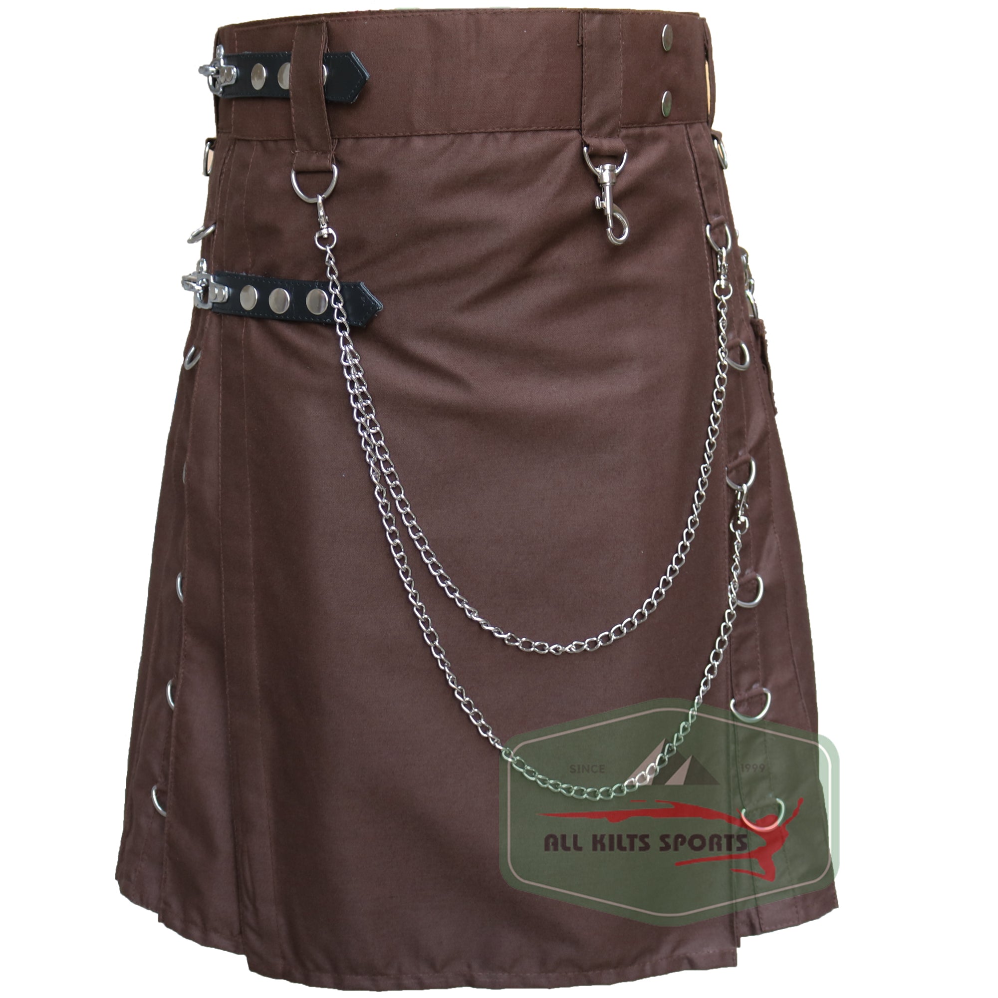 Stylish Chocolate Brown Utility Kilt with Two Pockets and Removable Chain