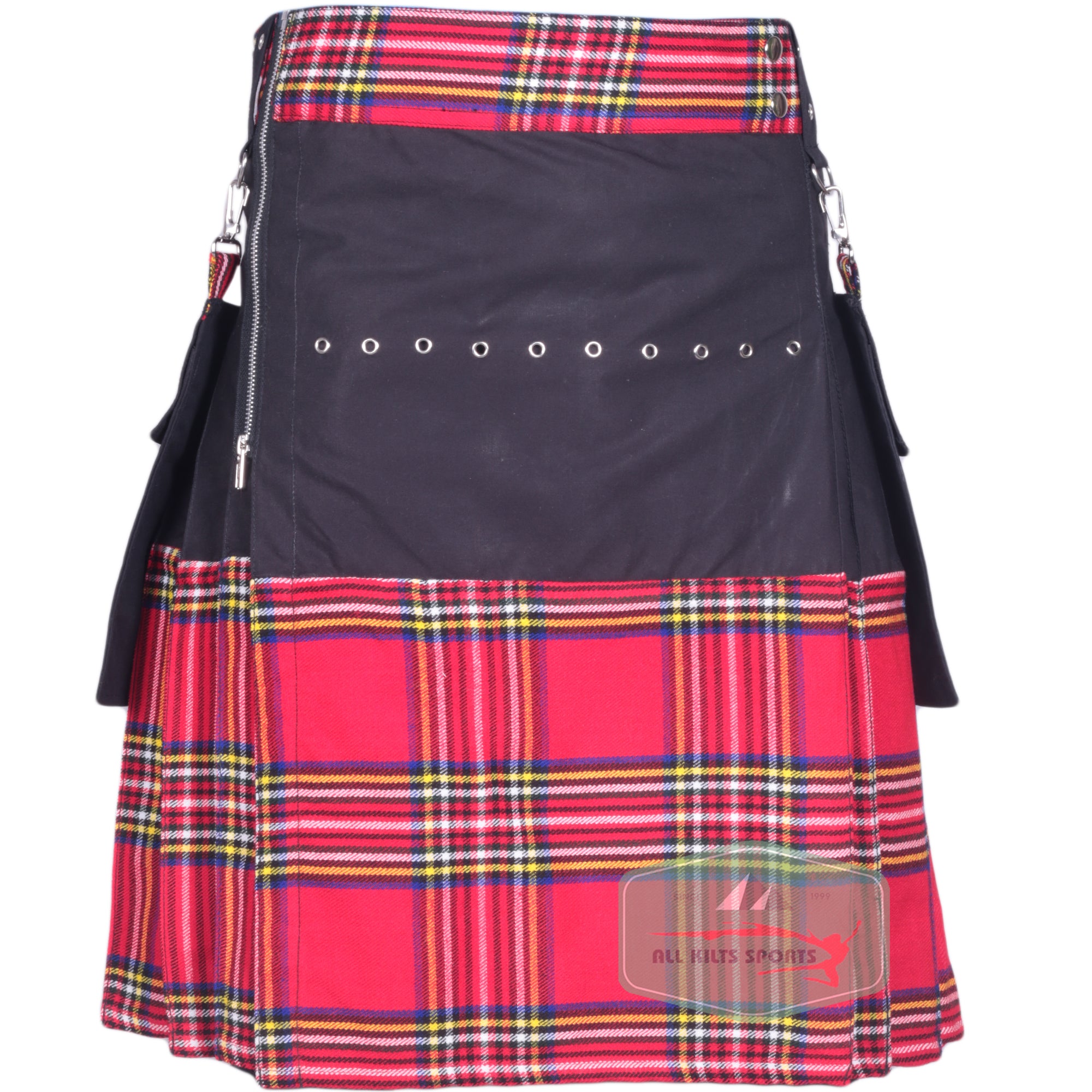 Black & Royal Stewart Utility Kilt with Detachable Pockets for Burning Man