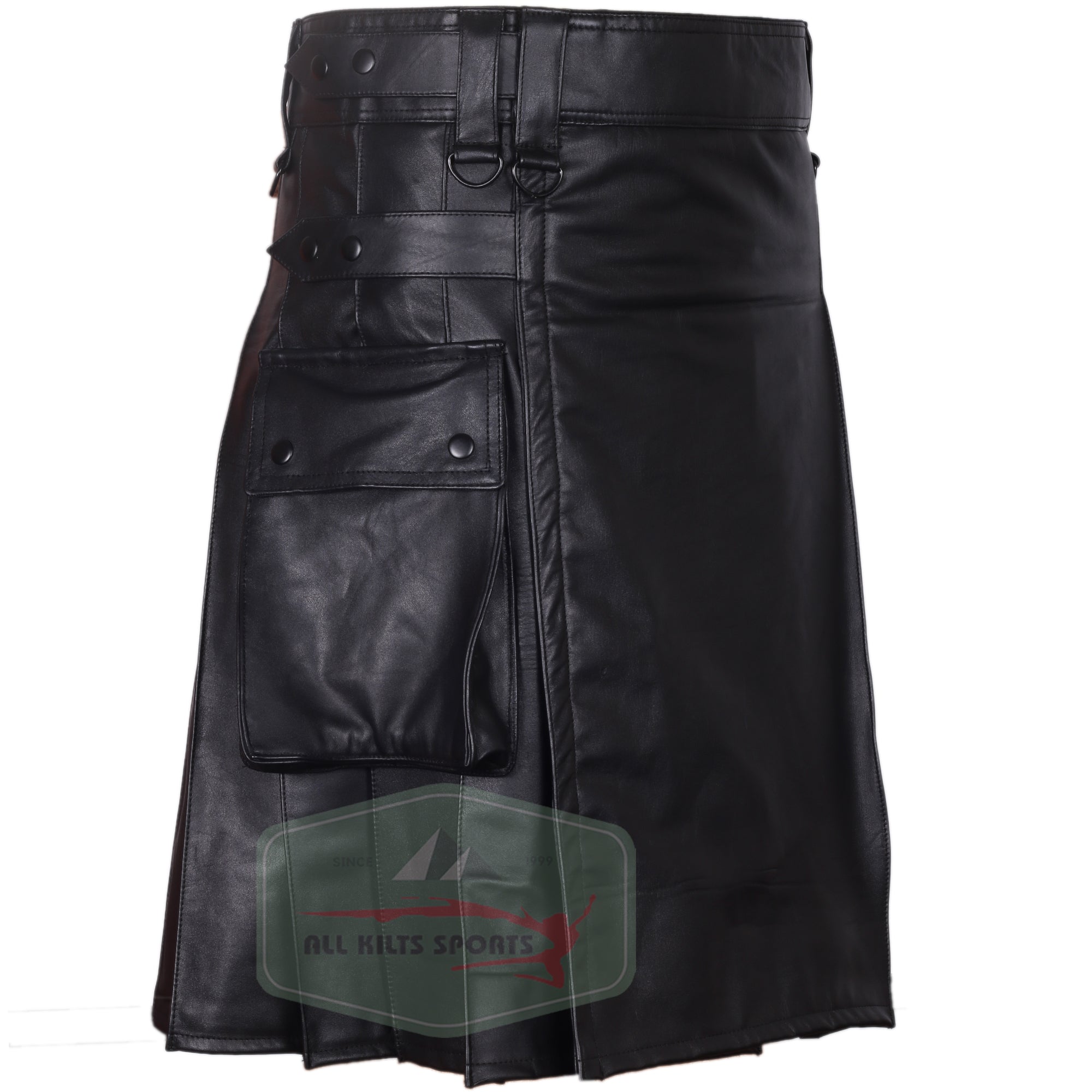 Trendy Modern Black Leather Kilt with Fastening Straps