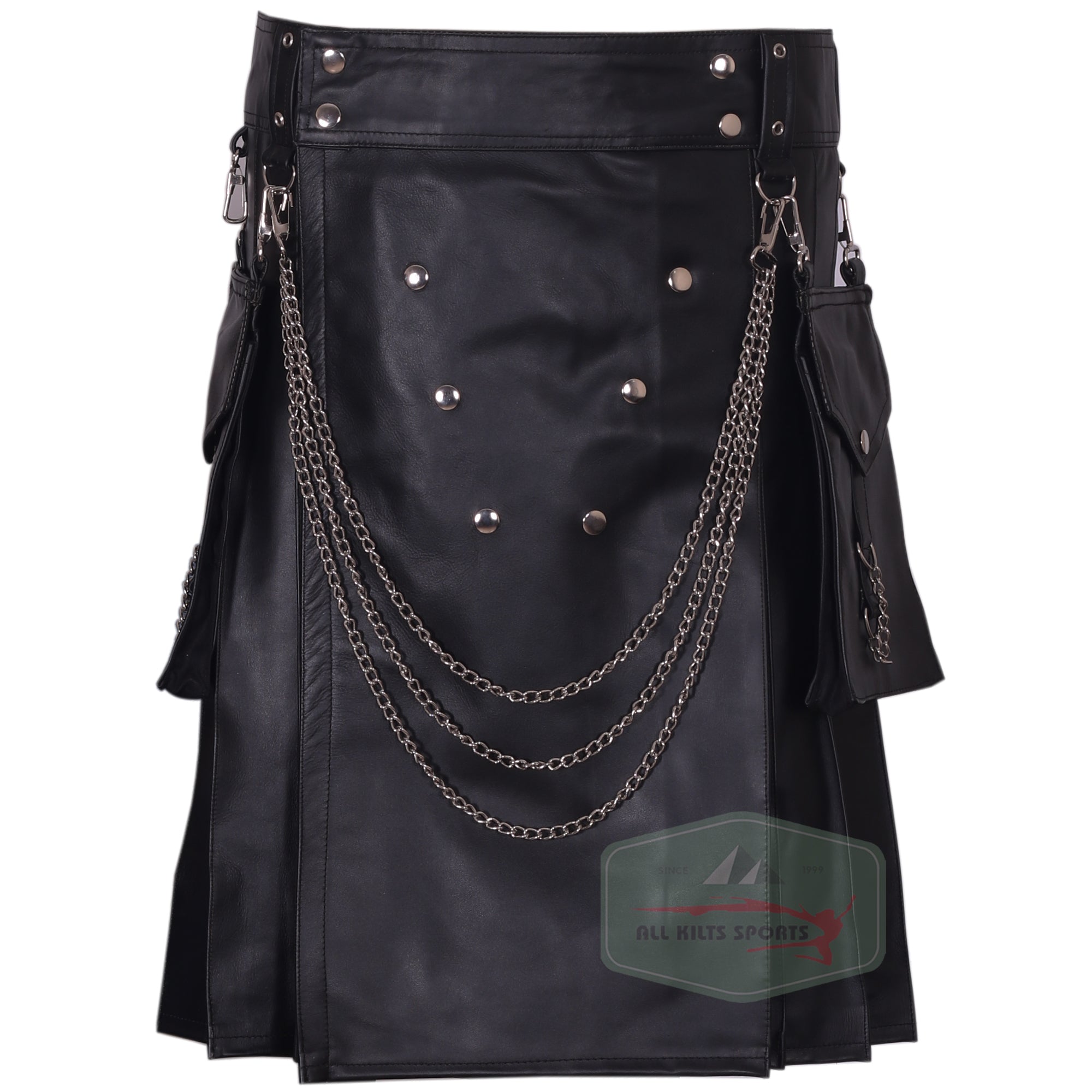 Stylish Black Leather Utility Kilt with Detachable Pockets