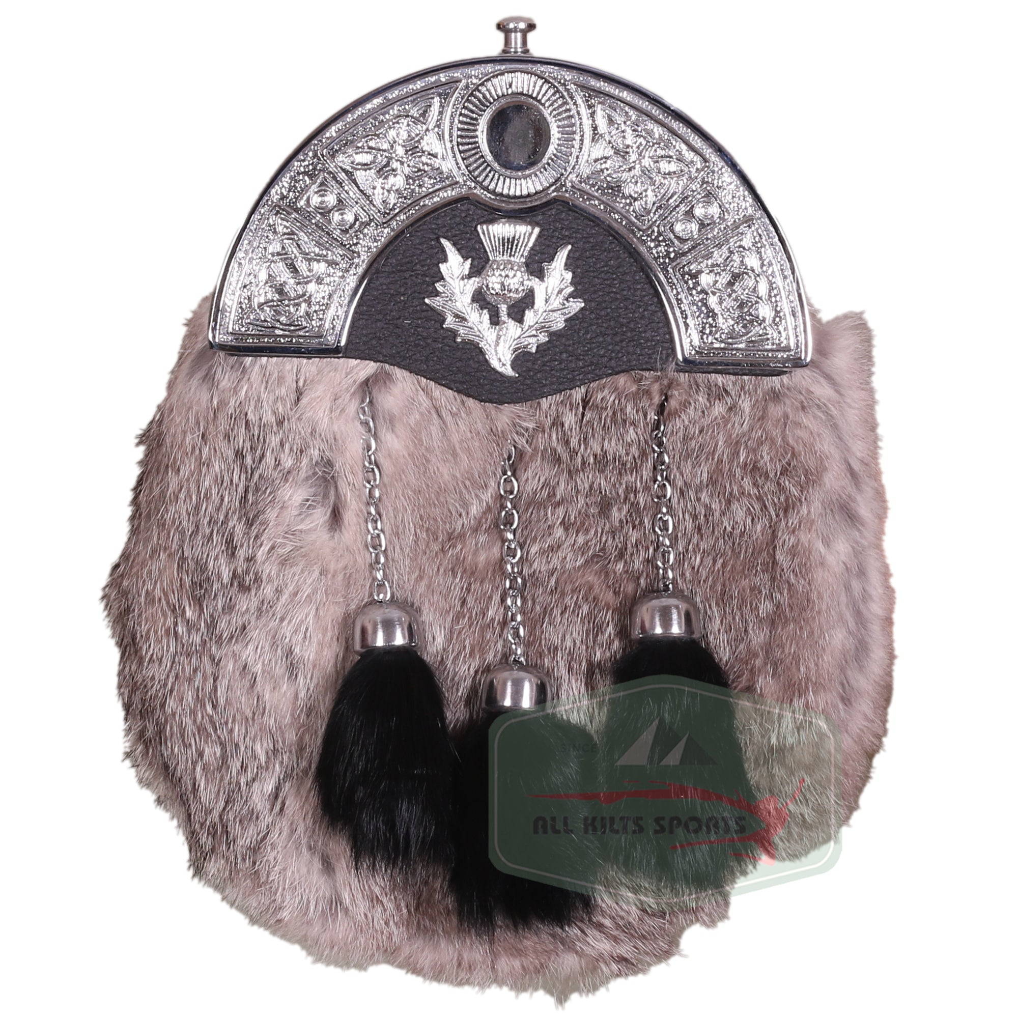 Grey Scottish Full Dress Thistle Fur Sporran with Three Black Teasal Tassels, Chain & Belt